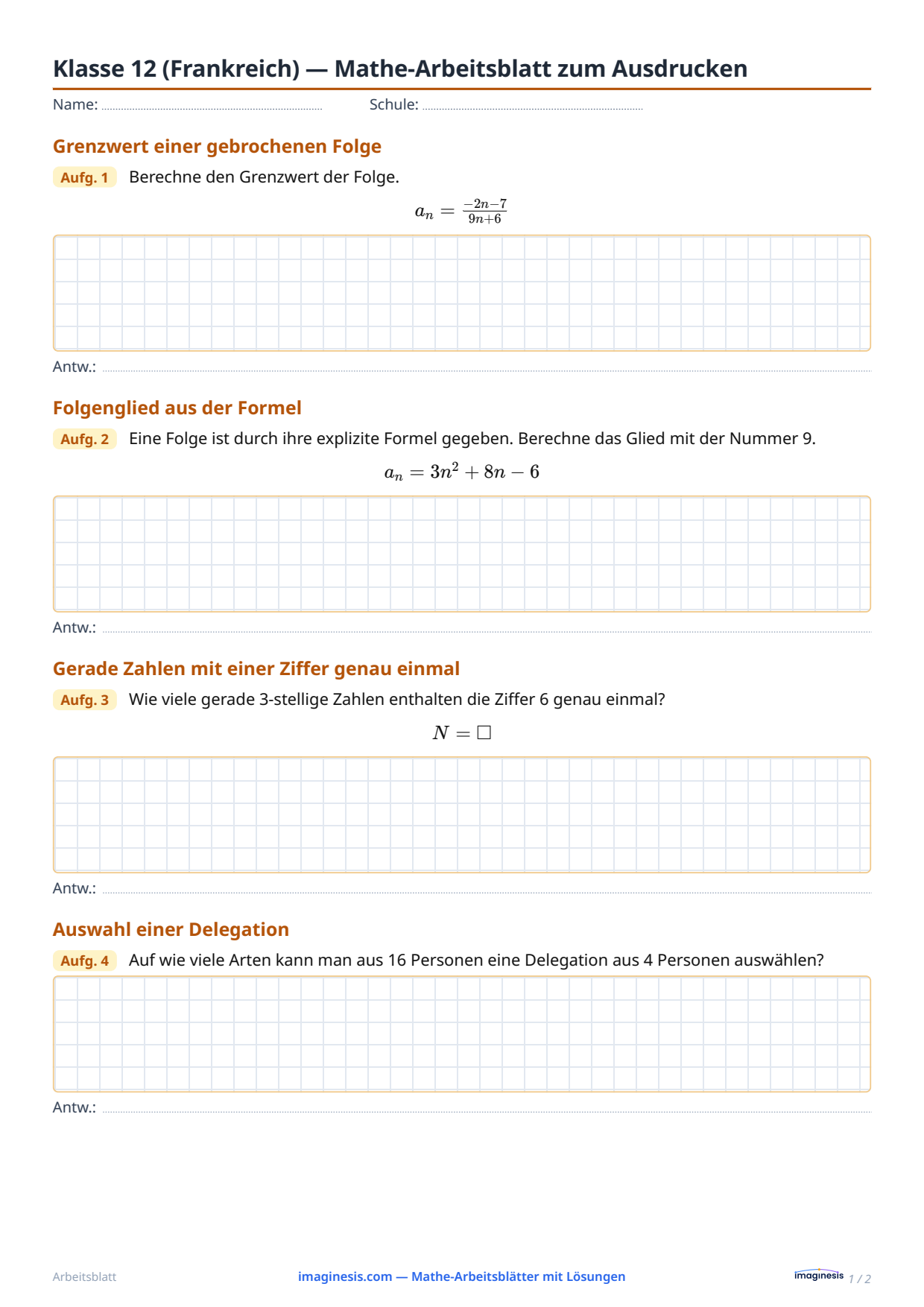 Klasse 12 (Frankreich) — Mathe-Arbeitsblatt zum Ausdrucken — Schülerblatt: Mathe-Arbeitsblatt zum Ausdrucken (Klasse 12, Frankreich)