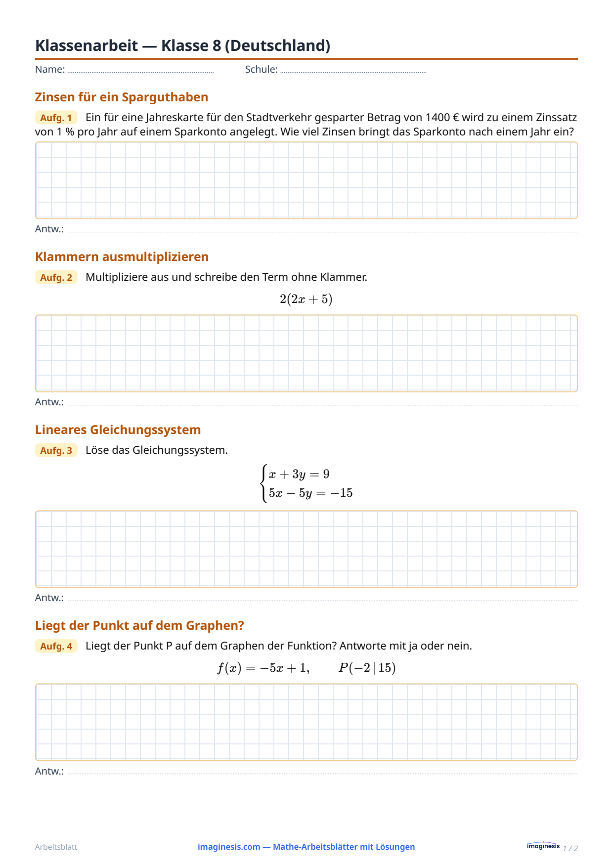 Klassenarbeit — Klasse 8 (Deutschland) — Schülerblatt: Mathe-Arbeitsblatt zum Ausdrucken (Klasse 8, Deutschland)