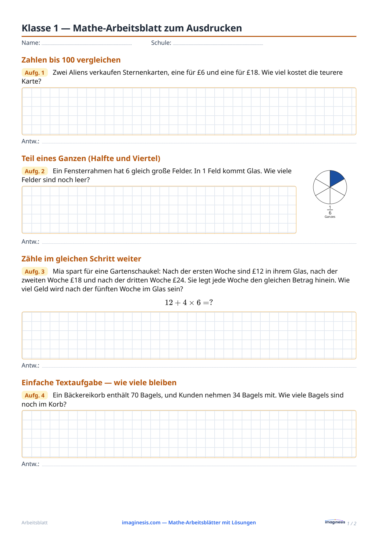Klasse 1 — Mathe-Arbeitsblatt zum Ausdrucken — Schülerblatt: Mathe-Arbeitsblatt zum Ausdrucken (Klasse 1, Vereinigtes Königreich)