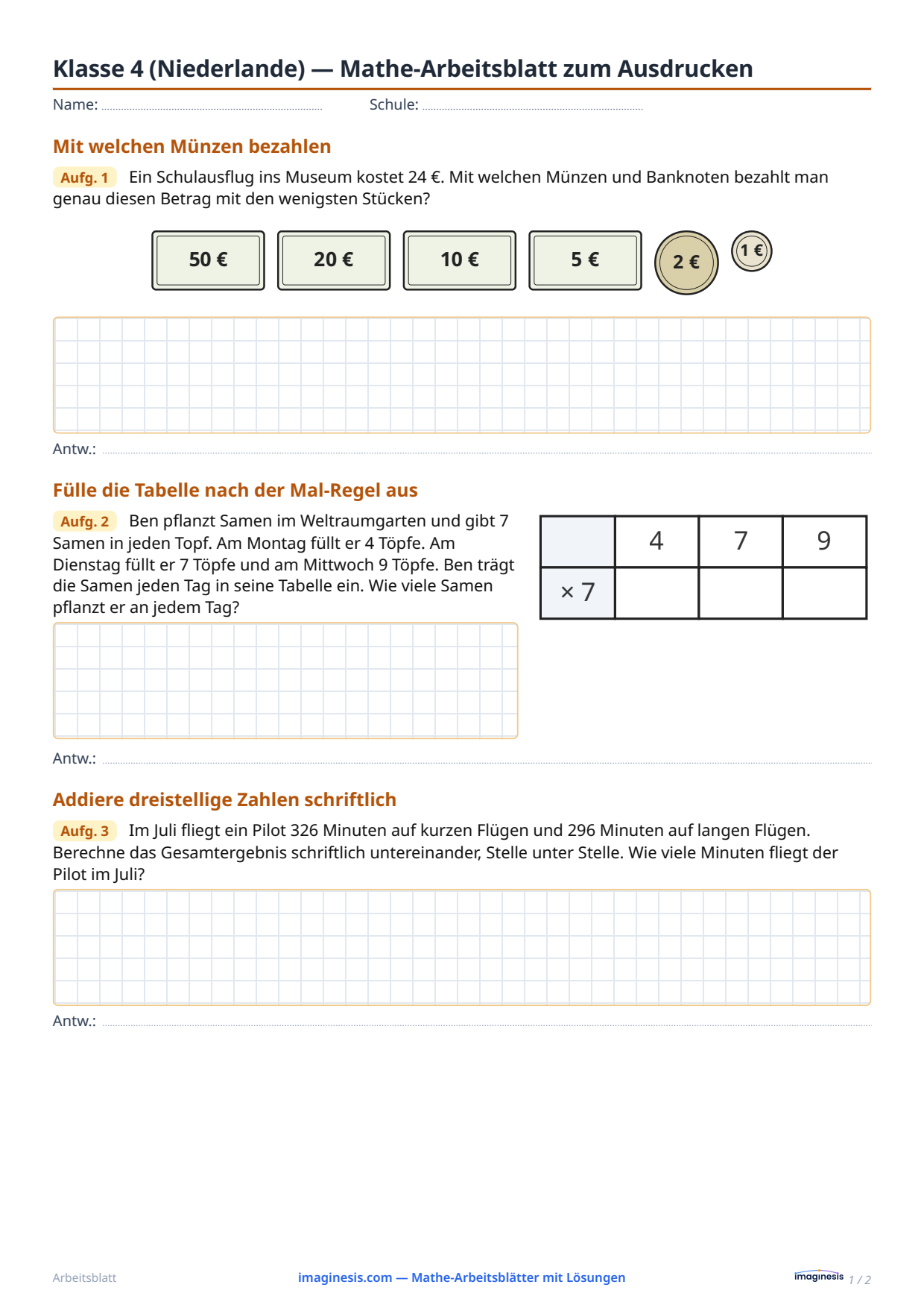 Klasse 4 (Niederlande) — Mathe-Arbeitsblatt zum Ausdrucken — Schülerblatt: Mathe-Arbeitsblatt zum Ausdrucken (Klasse 4, Niederlande)