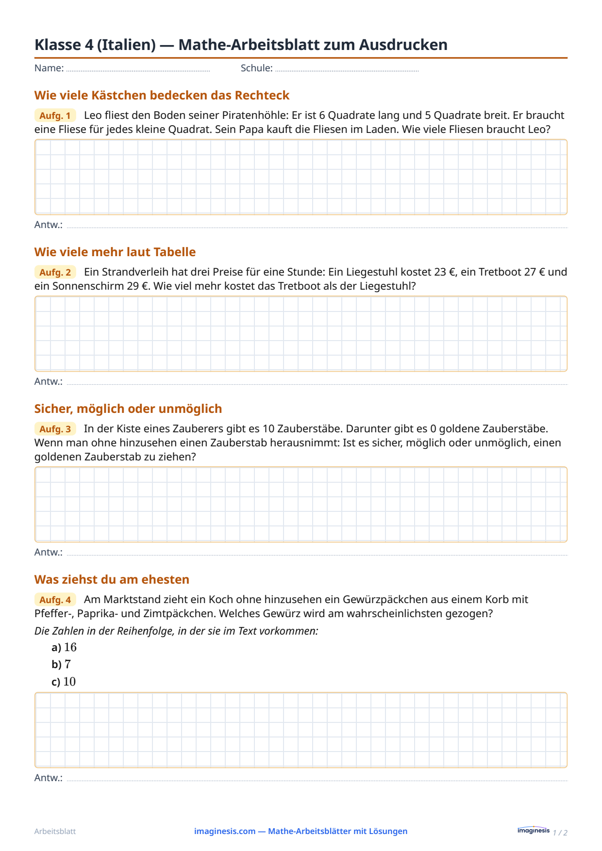 Klasse 4 (Italien) — Mathe-Arbeitsblatt zum Ausdrucken — Schülerblatt: Mathe-Arbeitsblatt zum Ausdrucken (Klasse 4, Italien)