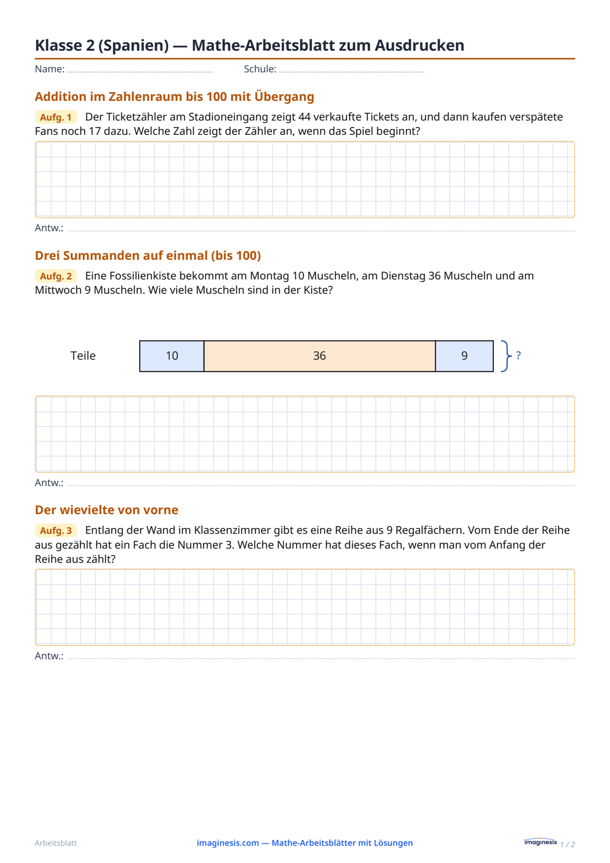 Klasse 2 (Spanien) — Mathe-Arbeitsblatt zum Ausdrucken — Schülerblatt: Mathe-Arbeitsblatt zum Ausdrucken (Klasse 2, Spanien)
