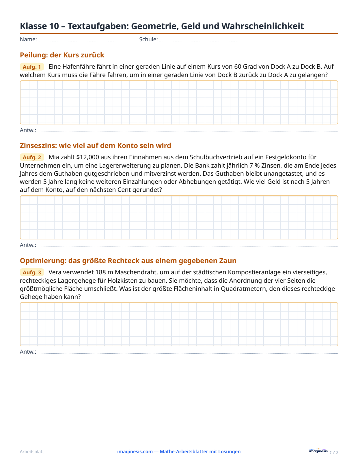 Klasse 10 – Textaufgaben: Geometrie, Geld und Wahrscheinlichkeit — Schülerblatt: Mathe-Arbeitsblatt zum Ausdrucken (Klasse 10, Vereinigte Staaten)