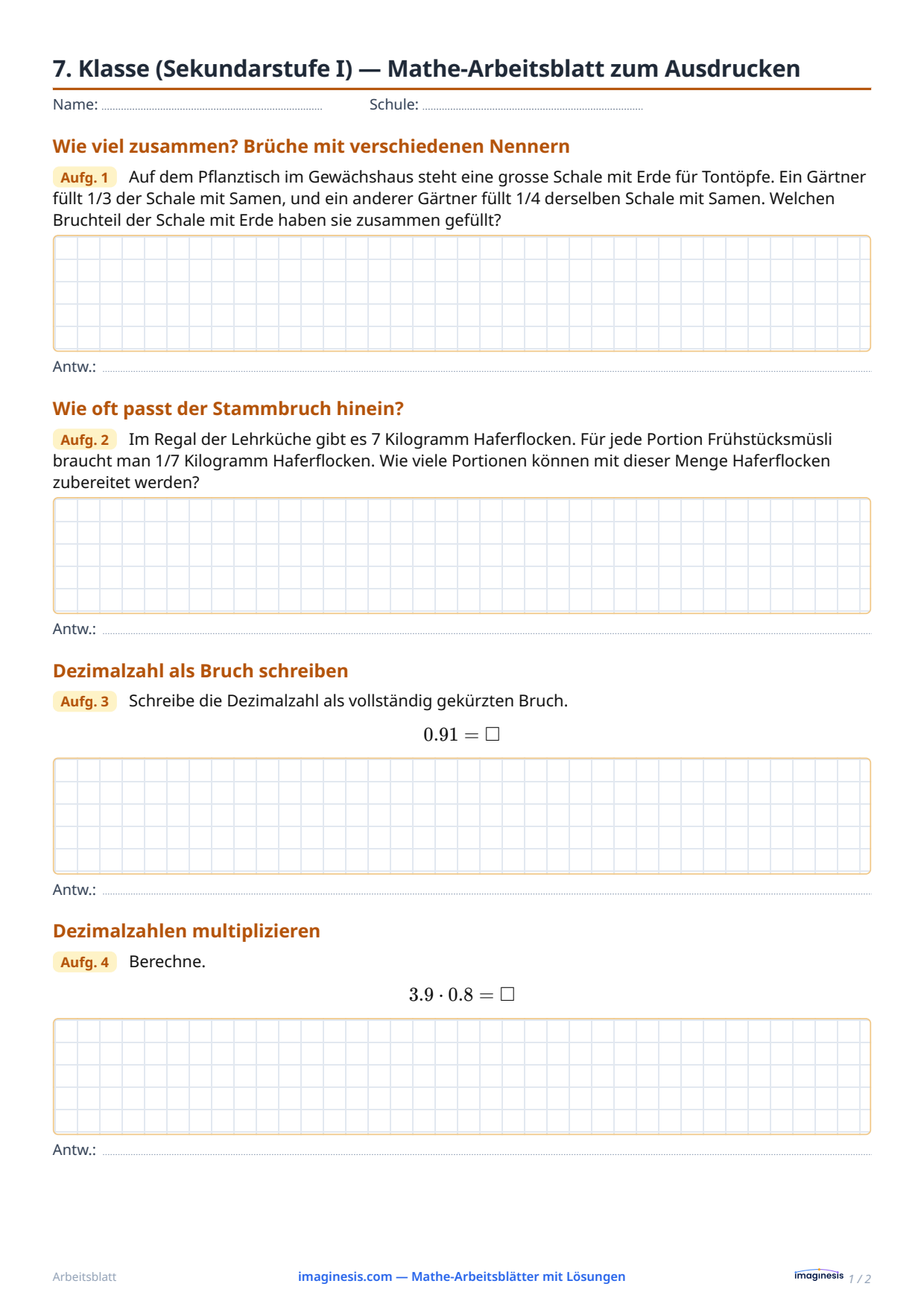 7. Klasse (Sekundarstufe I) — Mathe-Arbeitsblatt zum Ausdrucken — Schülerblatt: Mathe-Arbeitsblatt zum Ausdrucken (7. Klasse (Sekundarstufe I), Schweiz)