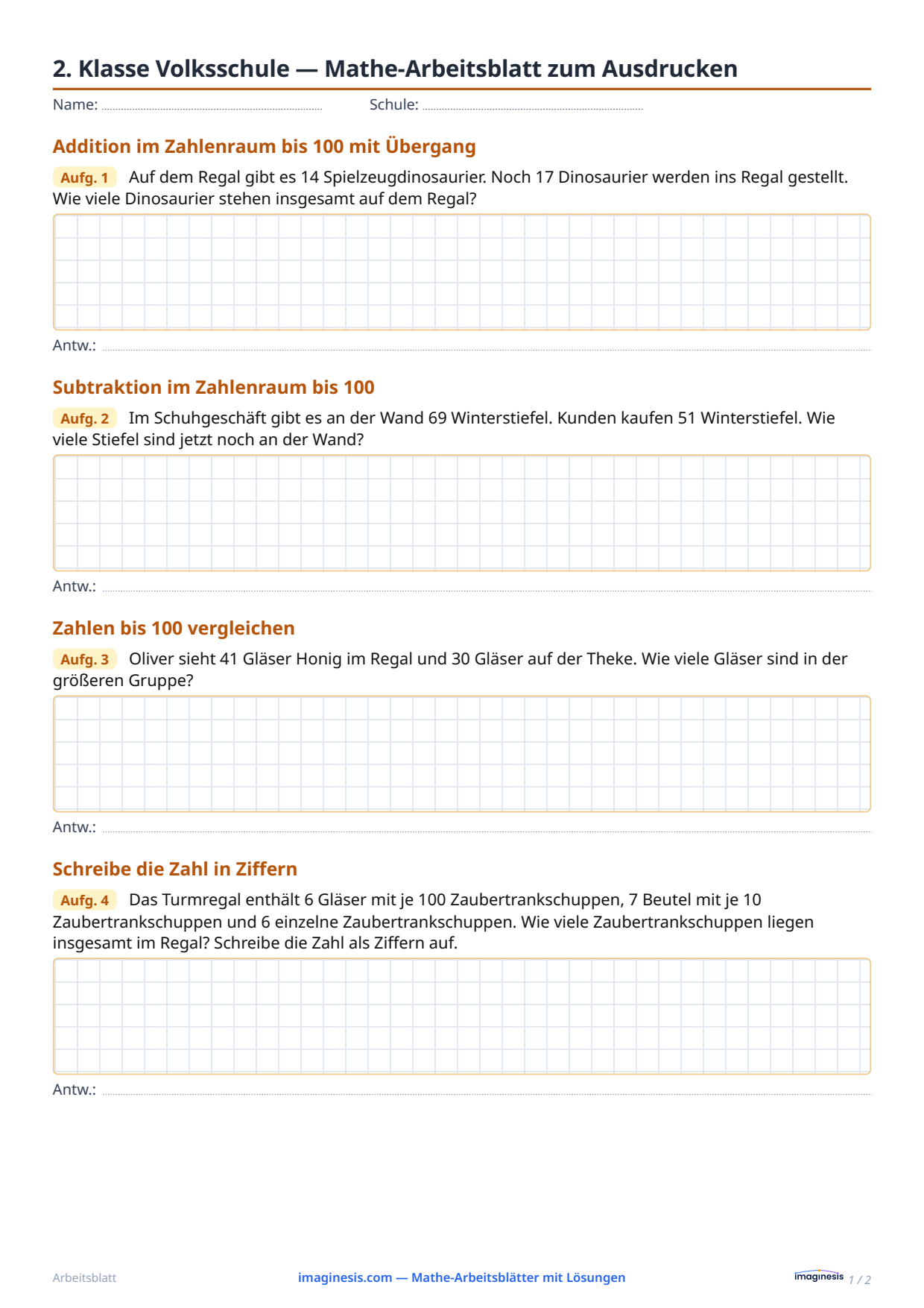 2. Klasse Volksschule — Mathe-Arbeitsblatt zum Ausdrucken — Schülerblatt: Mathe-Arbeitsblatt zum Ausdrucken (2. Klasse Volksschule, Österreich)