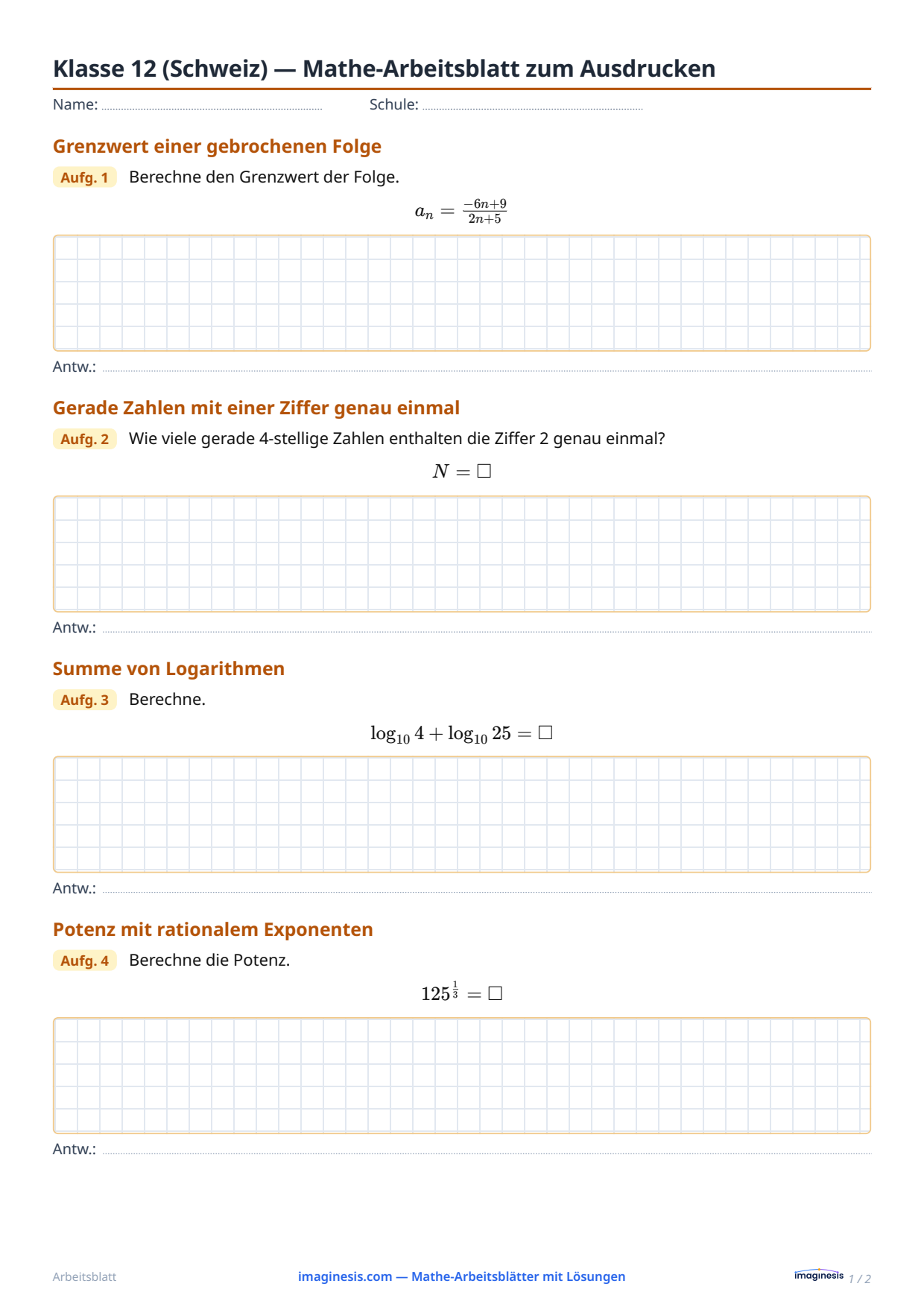 Klasse 12 (Schweiz) — Mathe-Arbeitsblatt zum Ausdrucken — Schülerblatt: Mathe-Arbeitsblatt zum Ausdrucken (4. Klasse Gymnasium, Schweiz)
