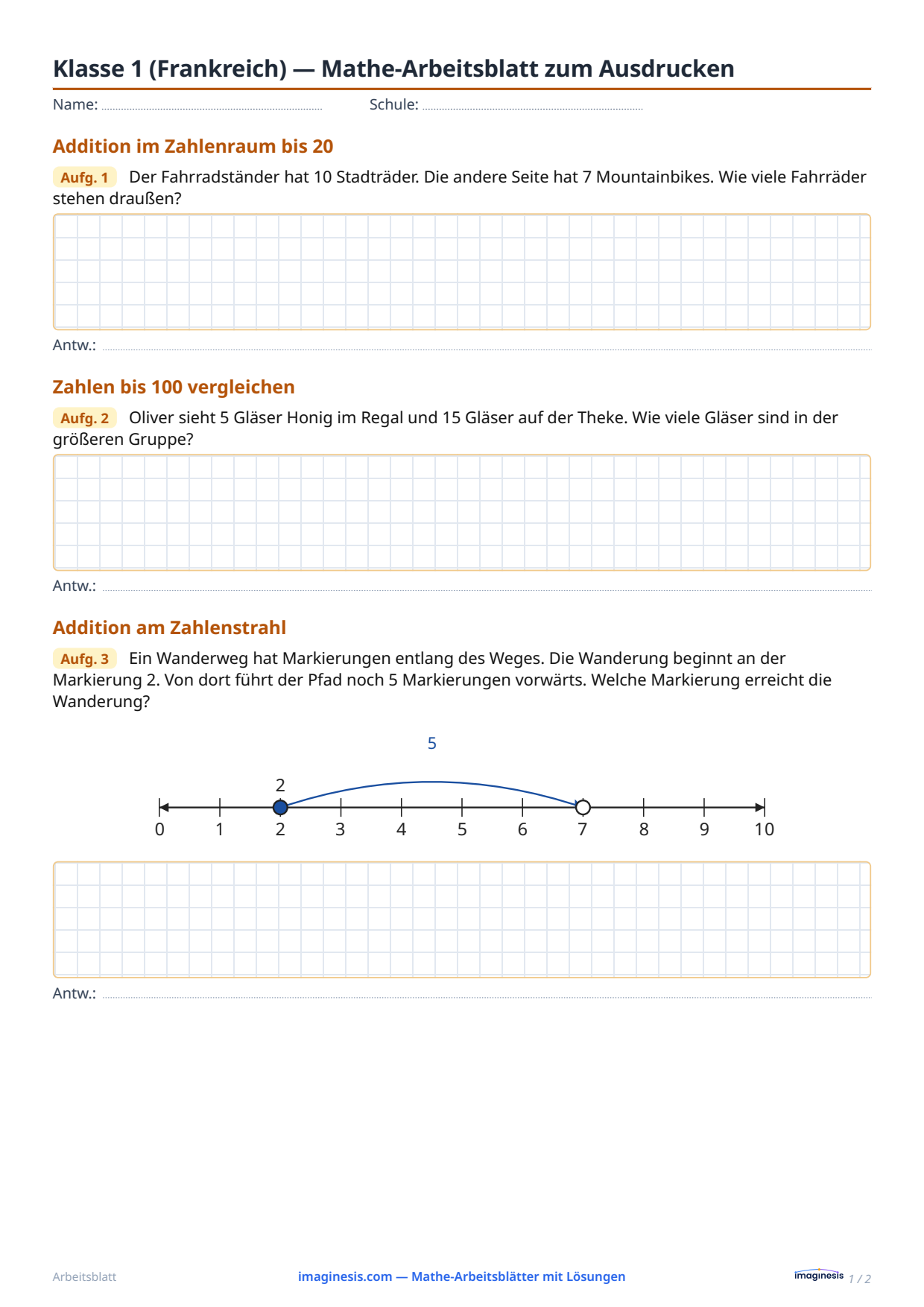 Klasse 1 (Frankreich) — Mathe-Arbeitsblatt zum Ausdrucken — Schülerblatt: Mathe-Arbeitsblatt zum Ausdrucken (Klasse 1, Frankreich)
