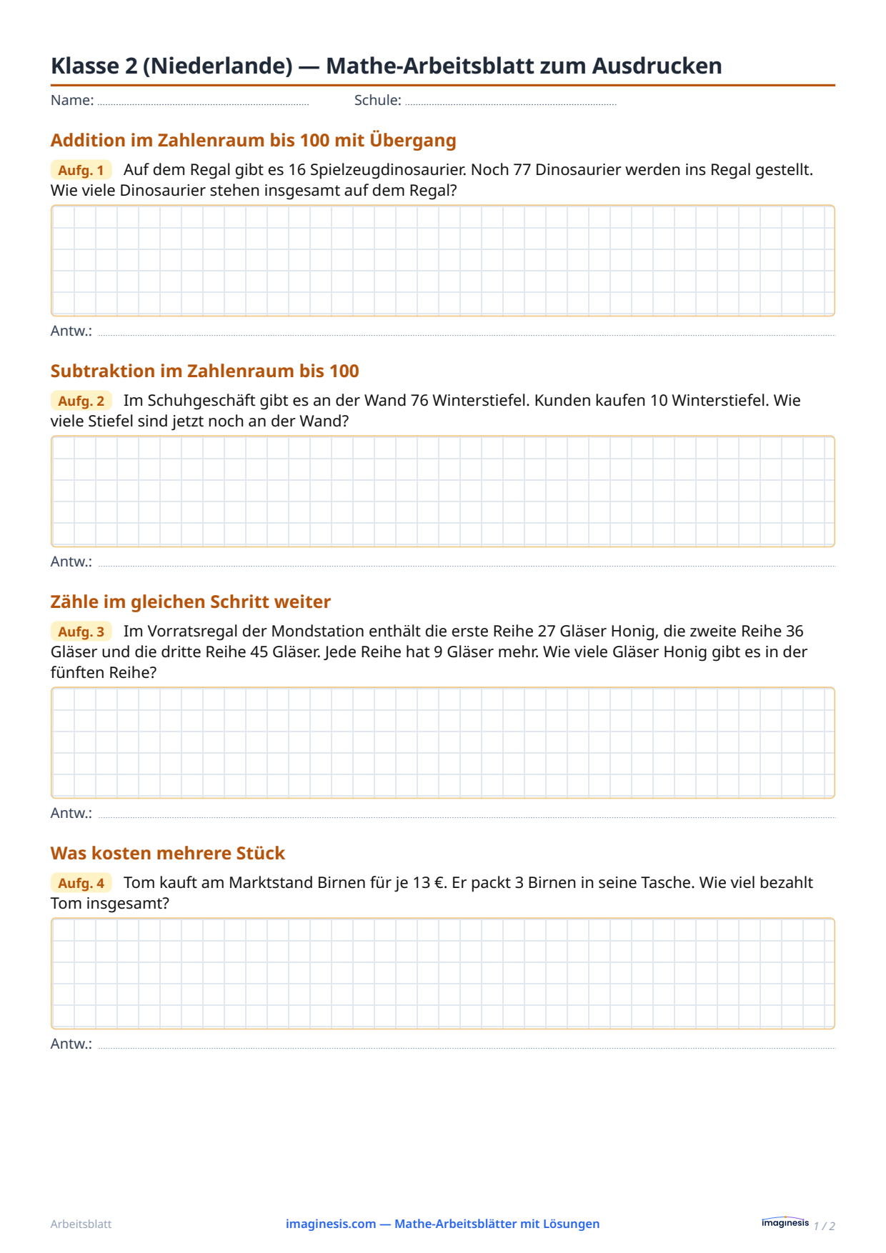 Klasse 2 (Niederlande) — Mathe-Arbeitsblatt zum Ausdrucken — Schülerblatt: Mathe-Arbeitsblatt zum Ausdrucken (Klasse 2, Niederlande)