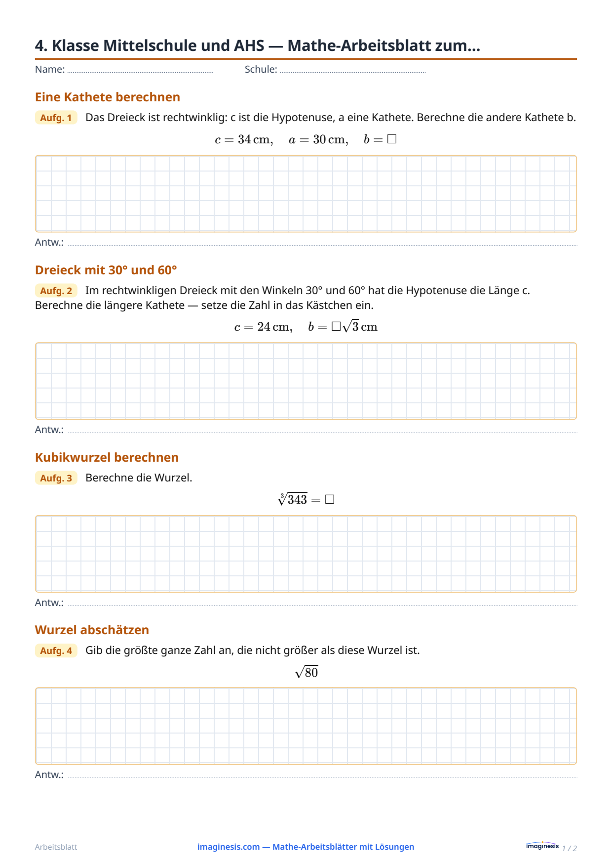 4. Klasse Mittelschule und AHS — Mathe-Arbeitsblatt zum… — Schülerblatt: Mathe-Arbeitsblatt zum Ausdrucken (4. Klasse Mittelschule und AHS, Österreich)