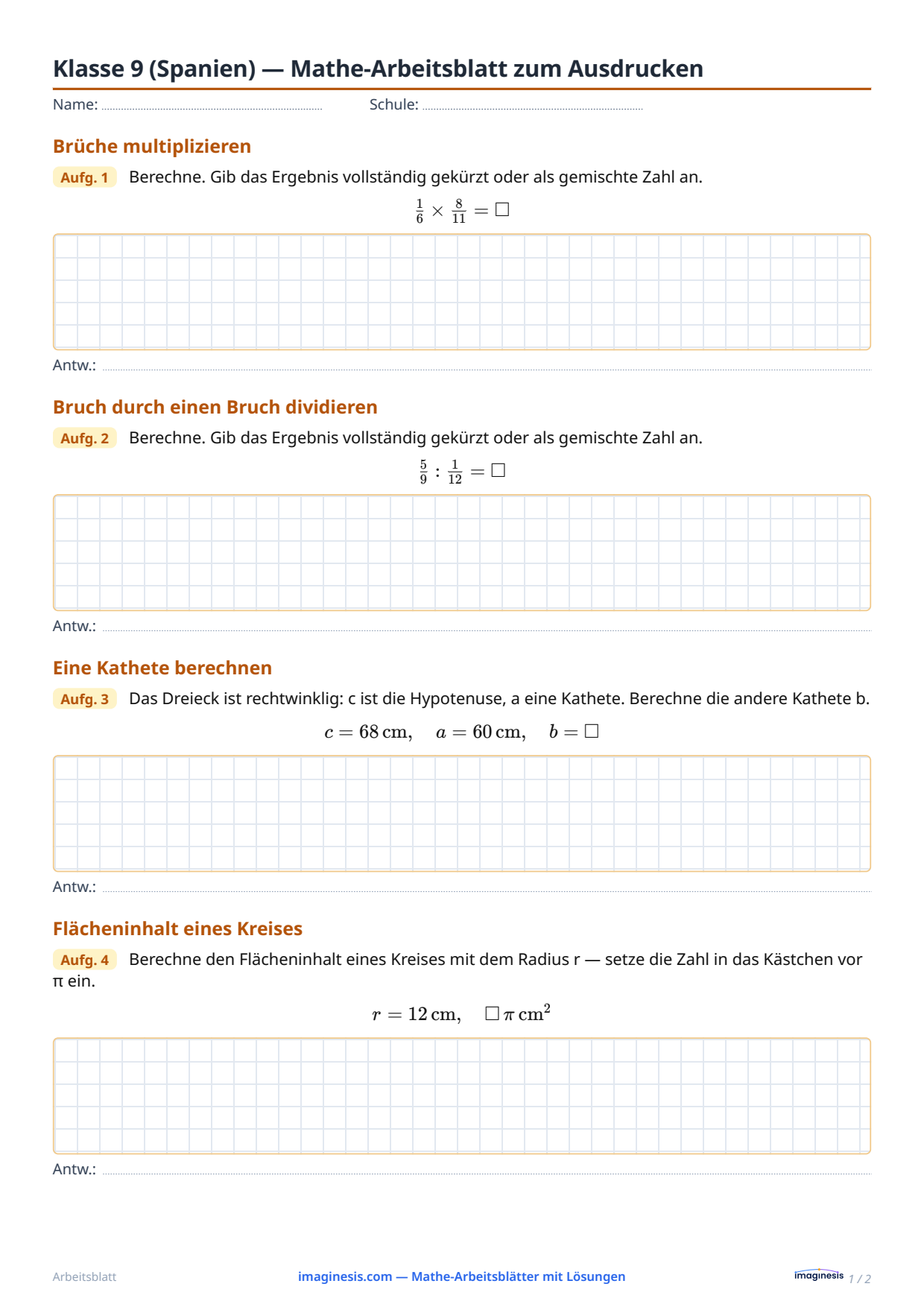 Klasse 9 (Spanien) — Mathe-Arbeitsblatt zum Ausdrucken — Schülerblatt: Mathe-Arbeitsblatt zum Ausdrucken (Klasse 9, Spanien)