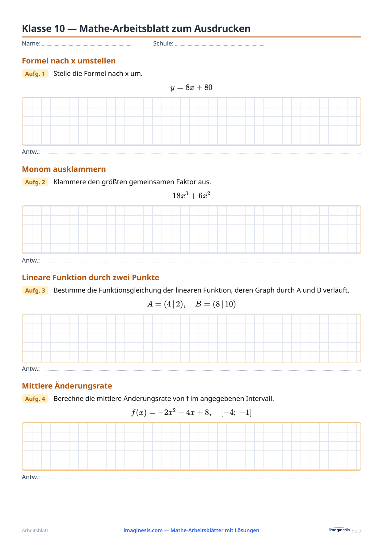 Klasse 10 — Mathe-Arbeitsblatt zum Ausdrucken — Schülerblatt: Mathe-Arbeitsblatt zum Ausdrucken (Klasse 10, Vereinigte Staaten)