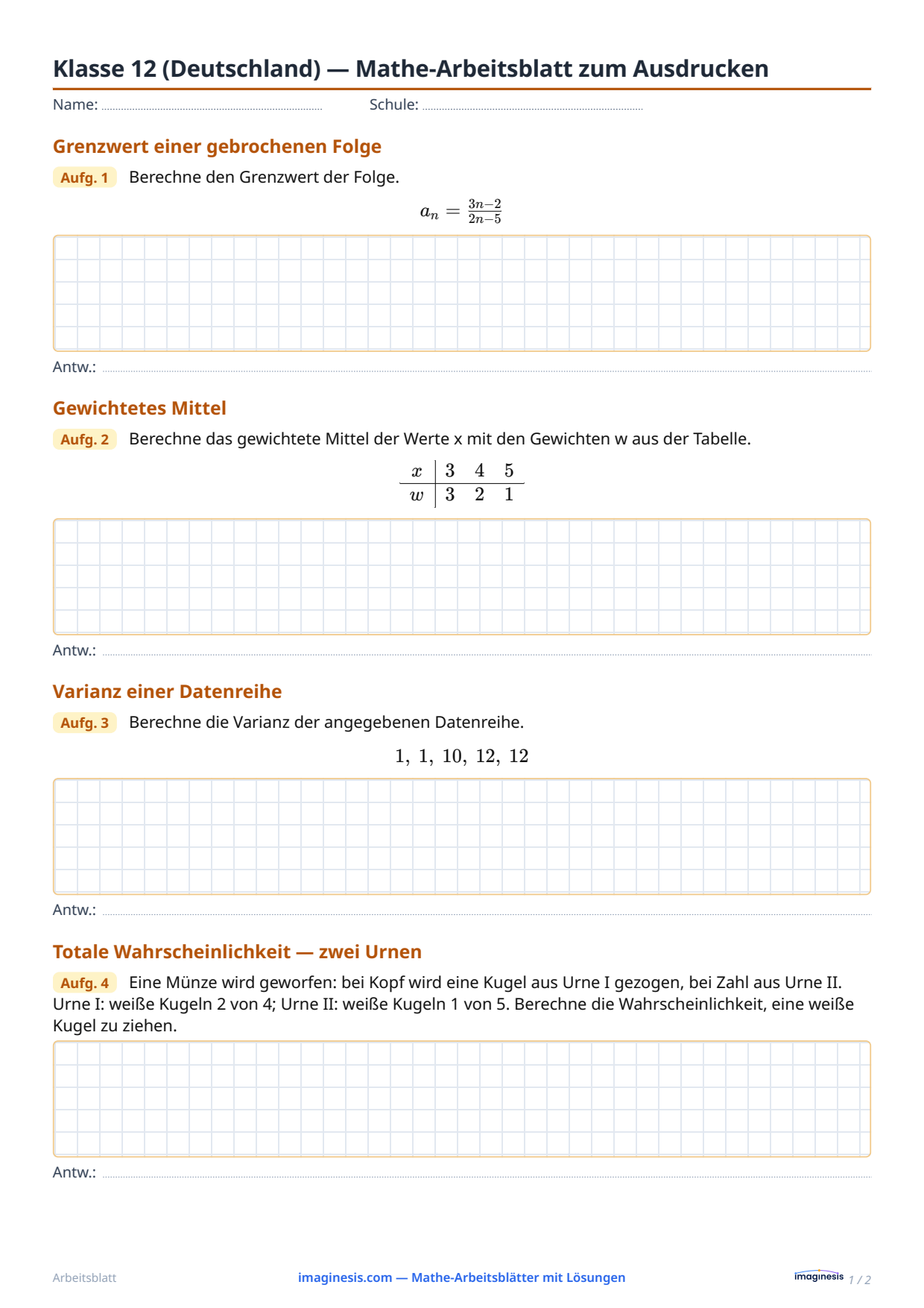 Klasse 12 (Deutschland) — Mathe-Arbeitsblatt zum Ausdrucken — Schülerblatt: Mathe-Arbeitsblatt zum Ausdrucken (Klasse 12, Deutschland)