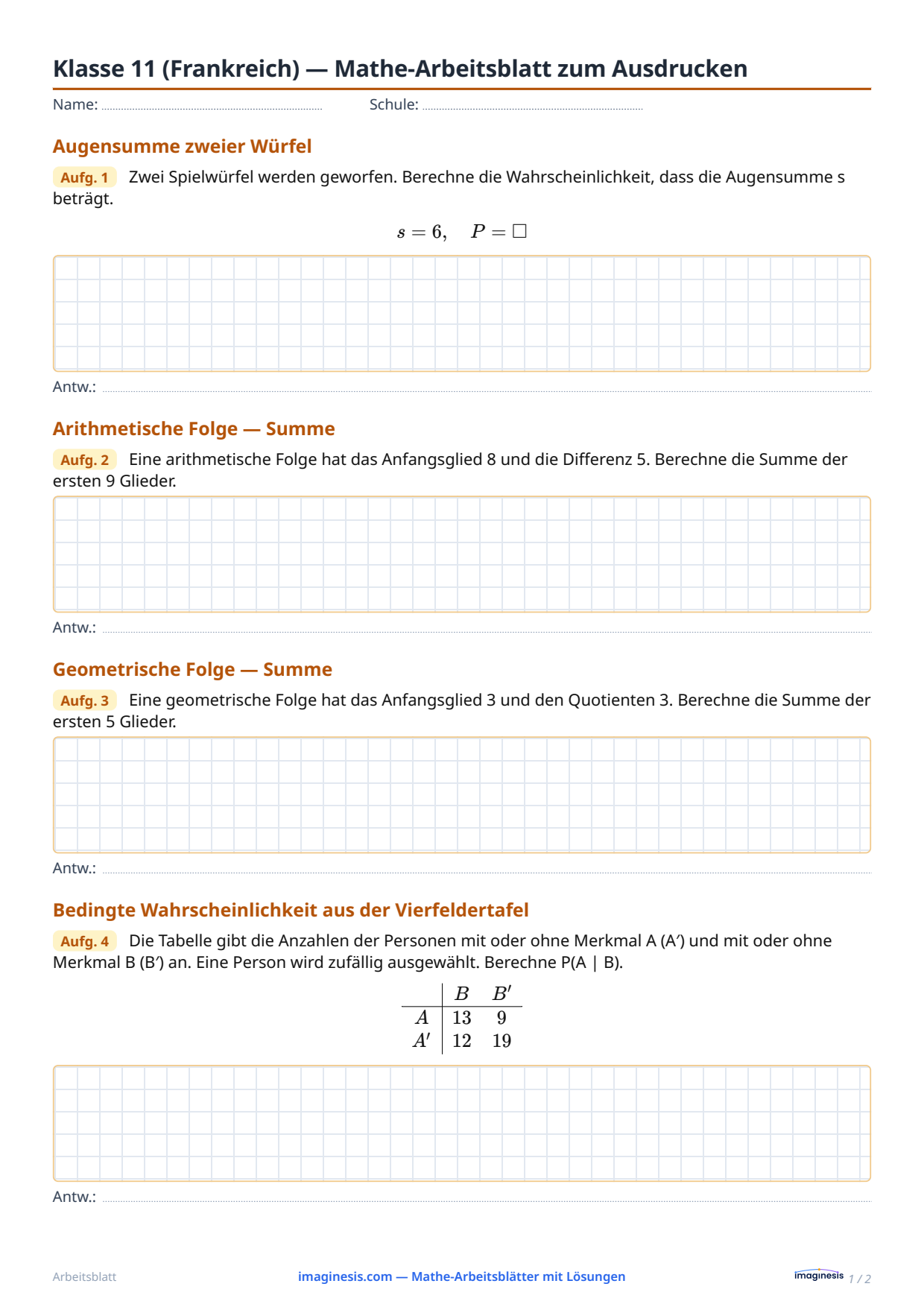 Klasse 11 (Frankreich) — Mathe-Arbeitsblatt zum Ausdrucken — Schülerblatt: Mathe-Arbeitsblatt zum Ausdrucken (Klasse 11, Frankreich)
