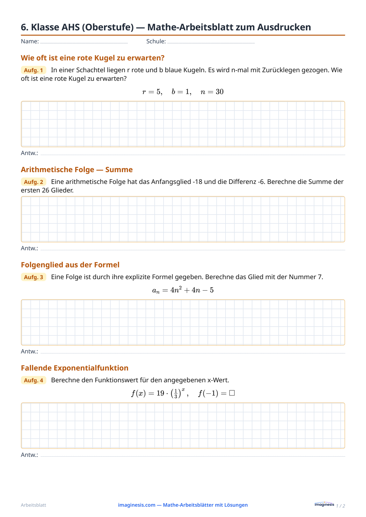 6. Klasse AHS (Oberstufe) — Mathe-Arbeitsblatt zum Ausdrucken — Schülerblatt: Mathe-Arbeitsblatt zum Ausdrucken (6. Klasse AHS (Oberstufe), Österreich)