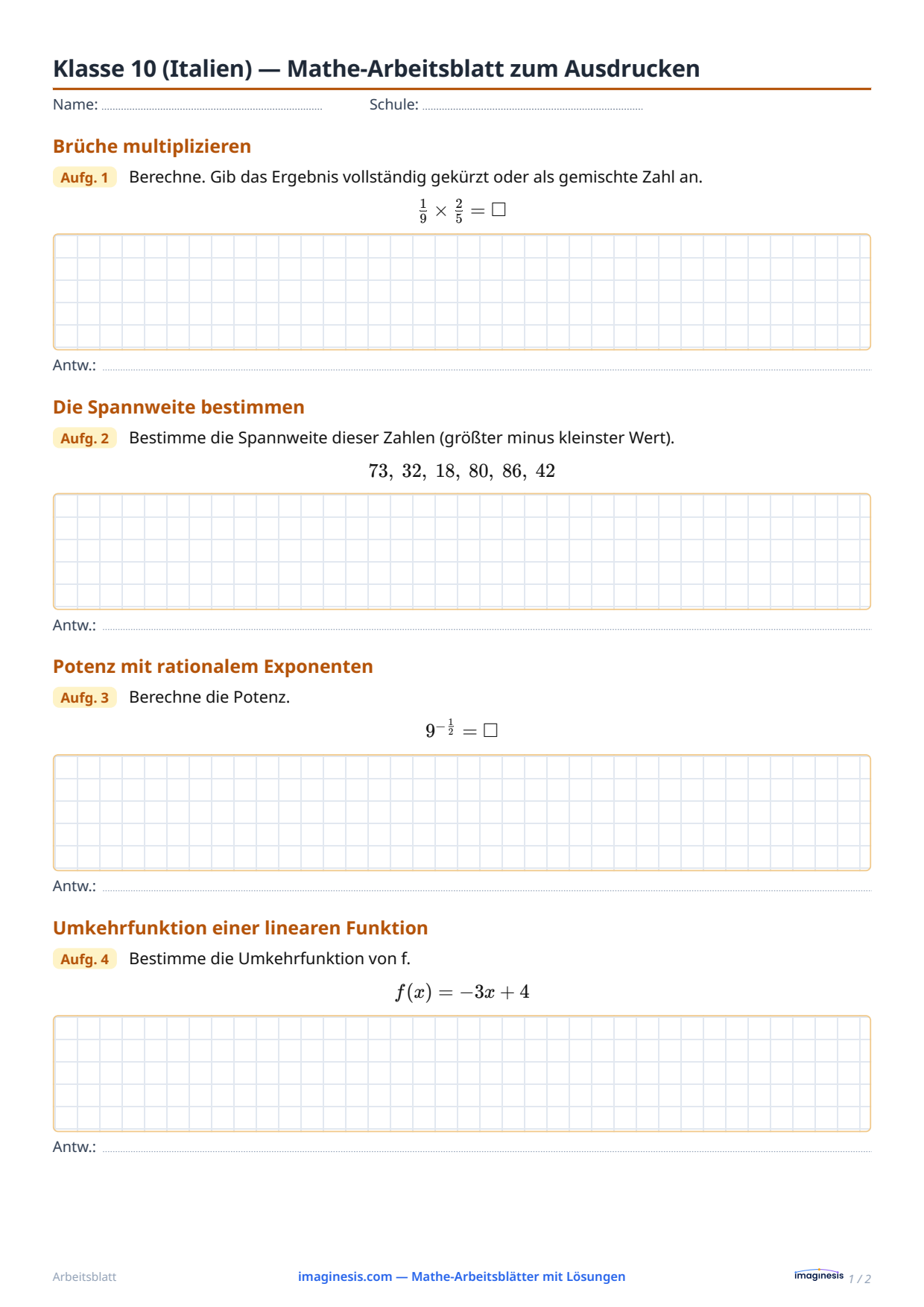 Klasse 10 (Italien) — Mathe-Arbeitsblatt zum Ausdrucken — Schülerblatt: Mathe-Arbeitsblatt zum Ausdrucken (Klasse 10, Italien)