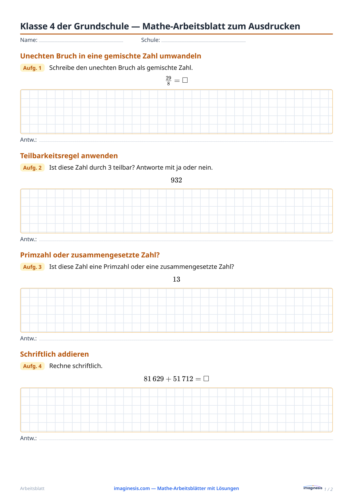 Klasse 4 (Vereinigte Staaten) — Mathe-Arbeitsblatt zum Ausdrucken — Schülerblatt: Mathe-Arbeitsblatt zum Ausdrucken (Klasse 4, Vereinigte Staaten)