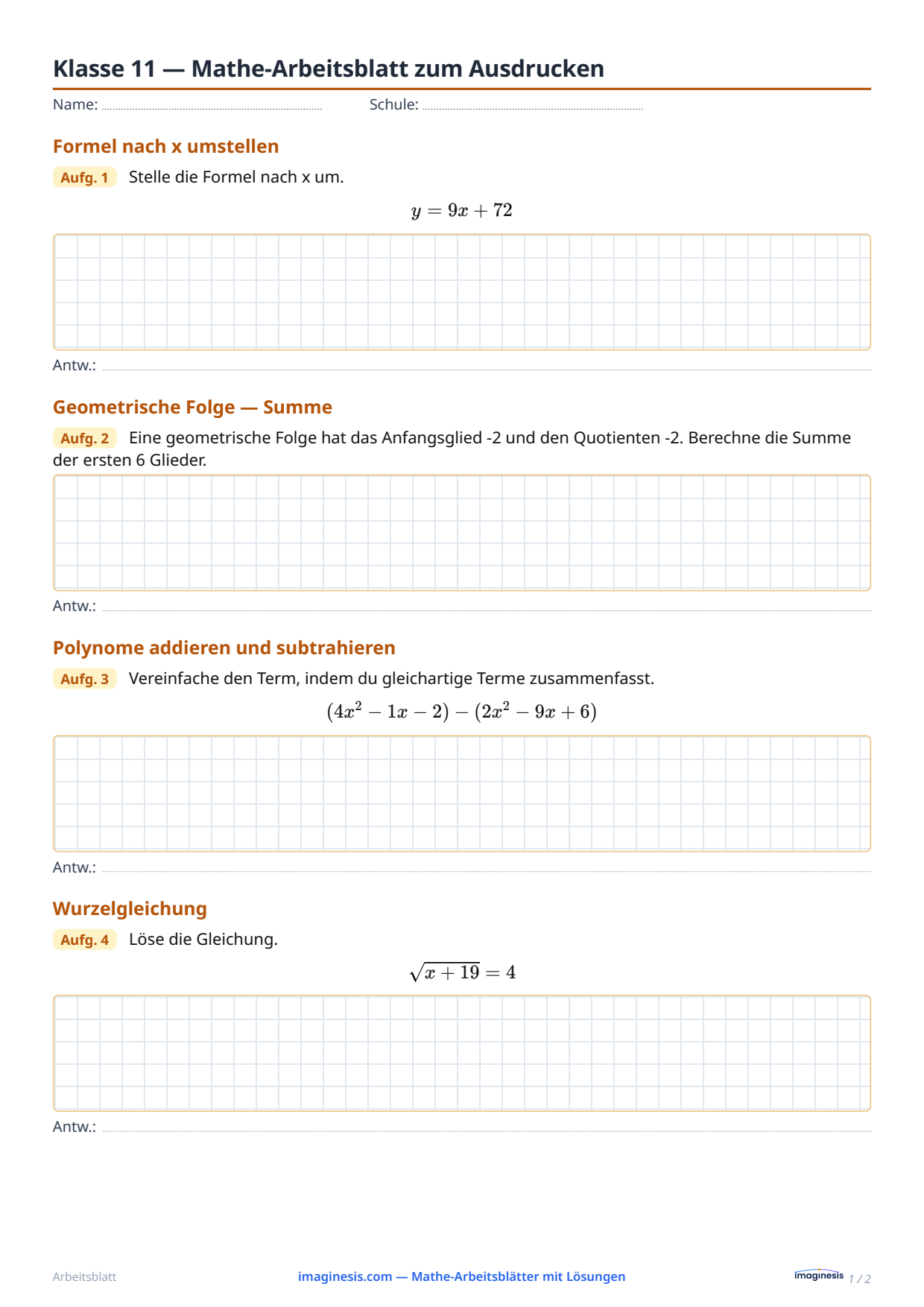 Klasse 11 — Mathe-Arbeitsblatt zum Ausdrucken — Schülerblatt: Mathe-Arbeitsblatt zum Ausdrucken (Klasse 11, Vereinigte Staaten)