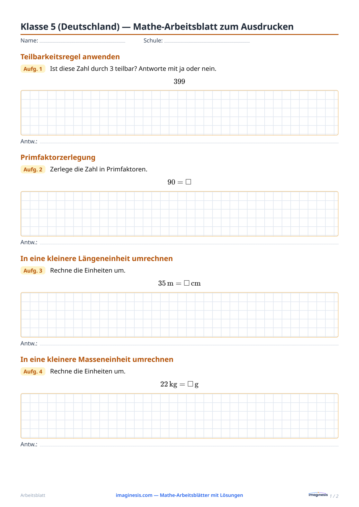 Klasse 5 (Deutschland) — Mathe-Arbeitsblatt zum Ausdrucken — Schülerblatt: Mathe-Arbeitsblatt zum Ausdrucken (Klasse 5, Deutschland)