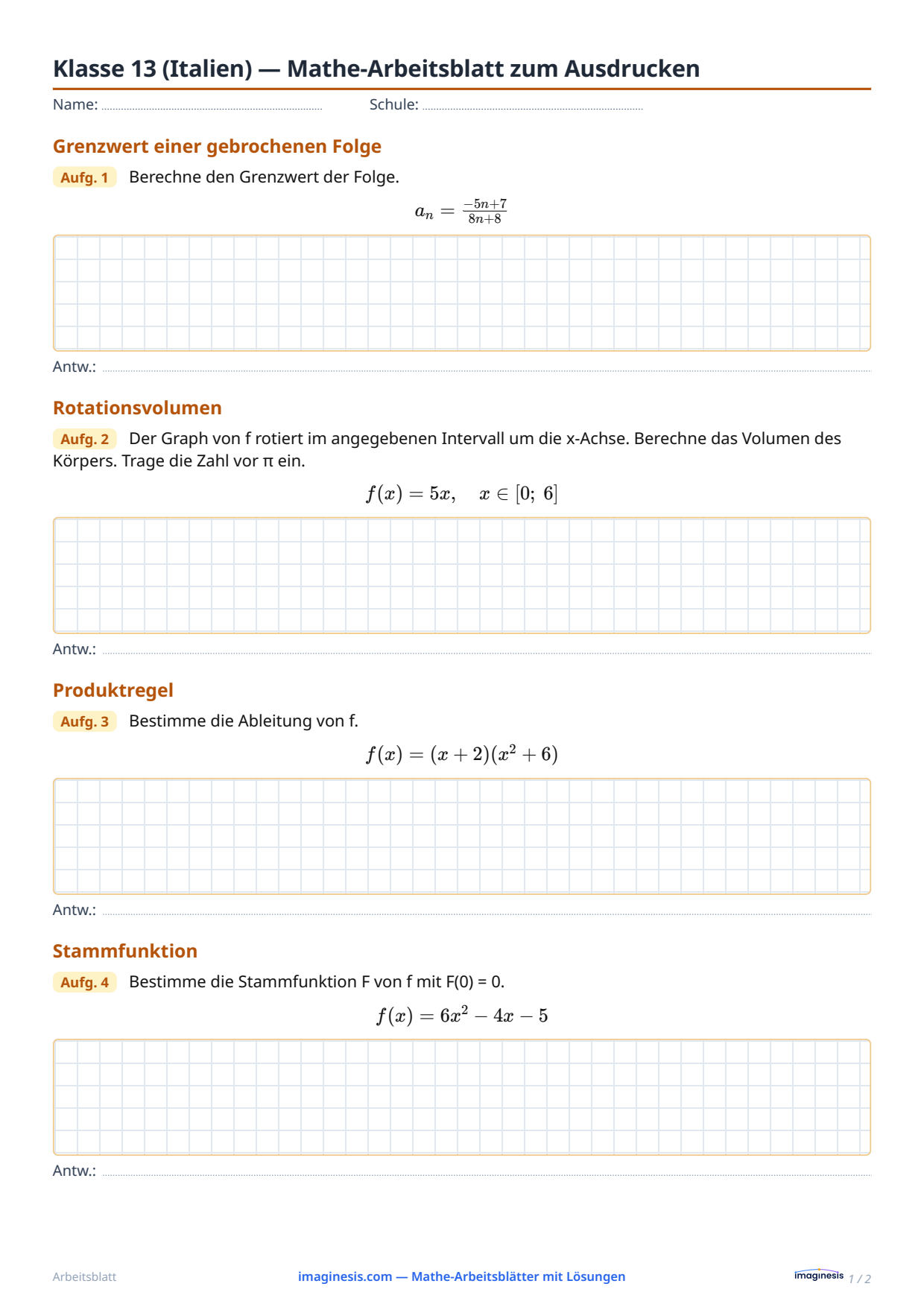 Klasse 13 (Italien) — Mathe-Arbeitsblatt zum Ausdrucken — Schülerblatt: Mathe-Arbeitsblatt zum Ausdrucken (Klasse 13, Italien)