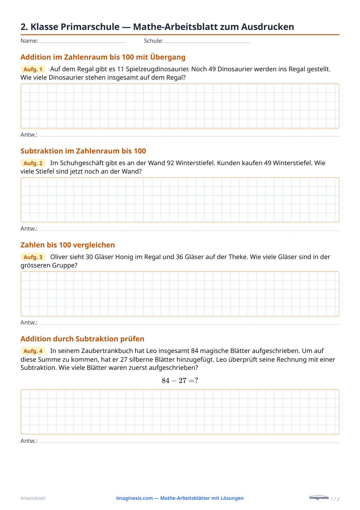 2. Klasse Primarschule — Mathe-Arbeitsblatt zum Ausdrucken — Schülerblatt: Mathe-Arbeitsblatt zum Ausdrucken (2. Klasse Primarschule, Schweiz)