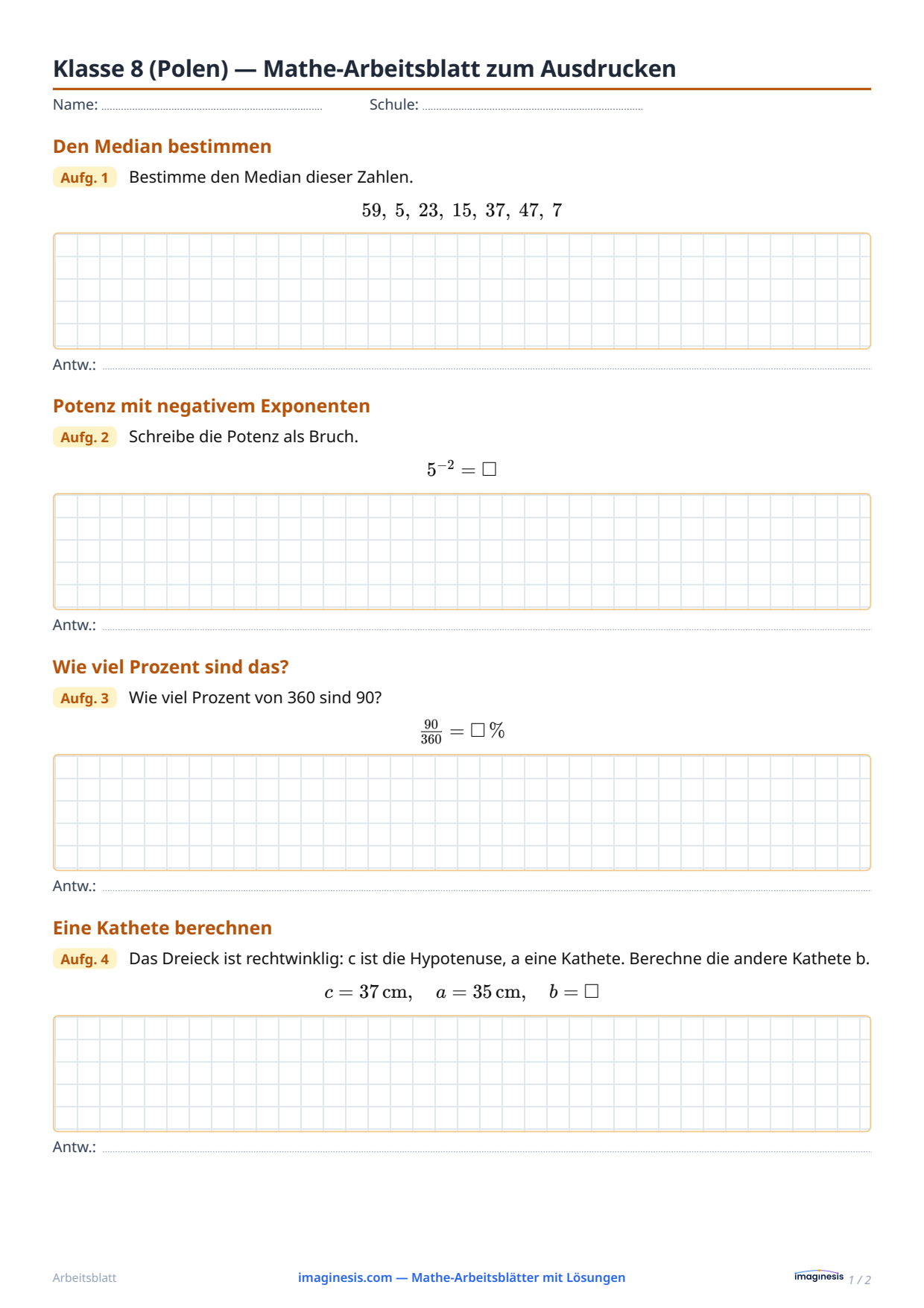 Klasse 8 (Polen) — Mathe-Arbeitsblatt zum Ausdrucken — Schülerblatt: Mathe-Arbeitsblatt zum Ausdrucken (Klasse 8, Polen)