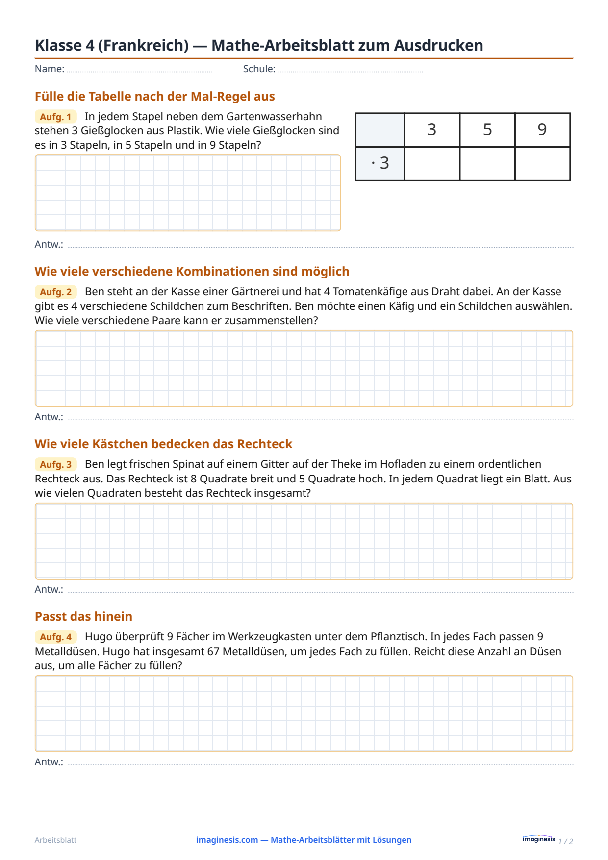 Klasse 4 (Frankreich) — Mathe-Arbeitsblatt zum Ausdrucken — Schülerblatt: Mathe-Arbeitsblatt zum Ausdrucken (Klasse 4, Frankreich)