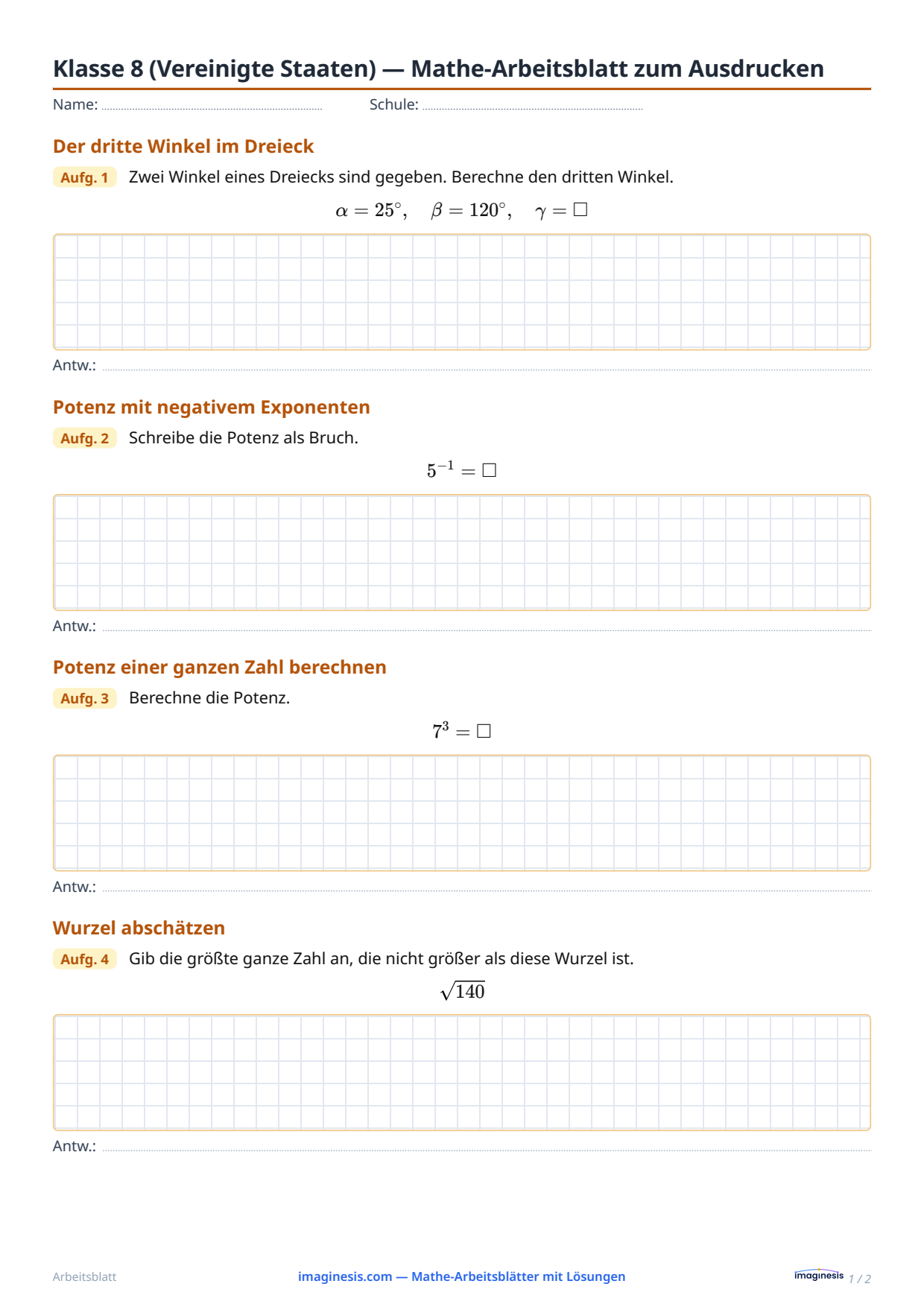 Klasse 8 (Vereinigte Staaten) — Mathe-Arbeitsblatt zum Ausdrucken — Schülerblatt: Mathe-Arbeitsblatt zum Ausdrucken (Klasse 8, Vereinigte Staaten)