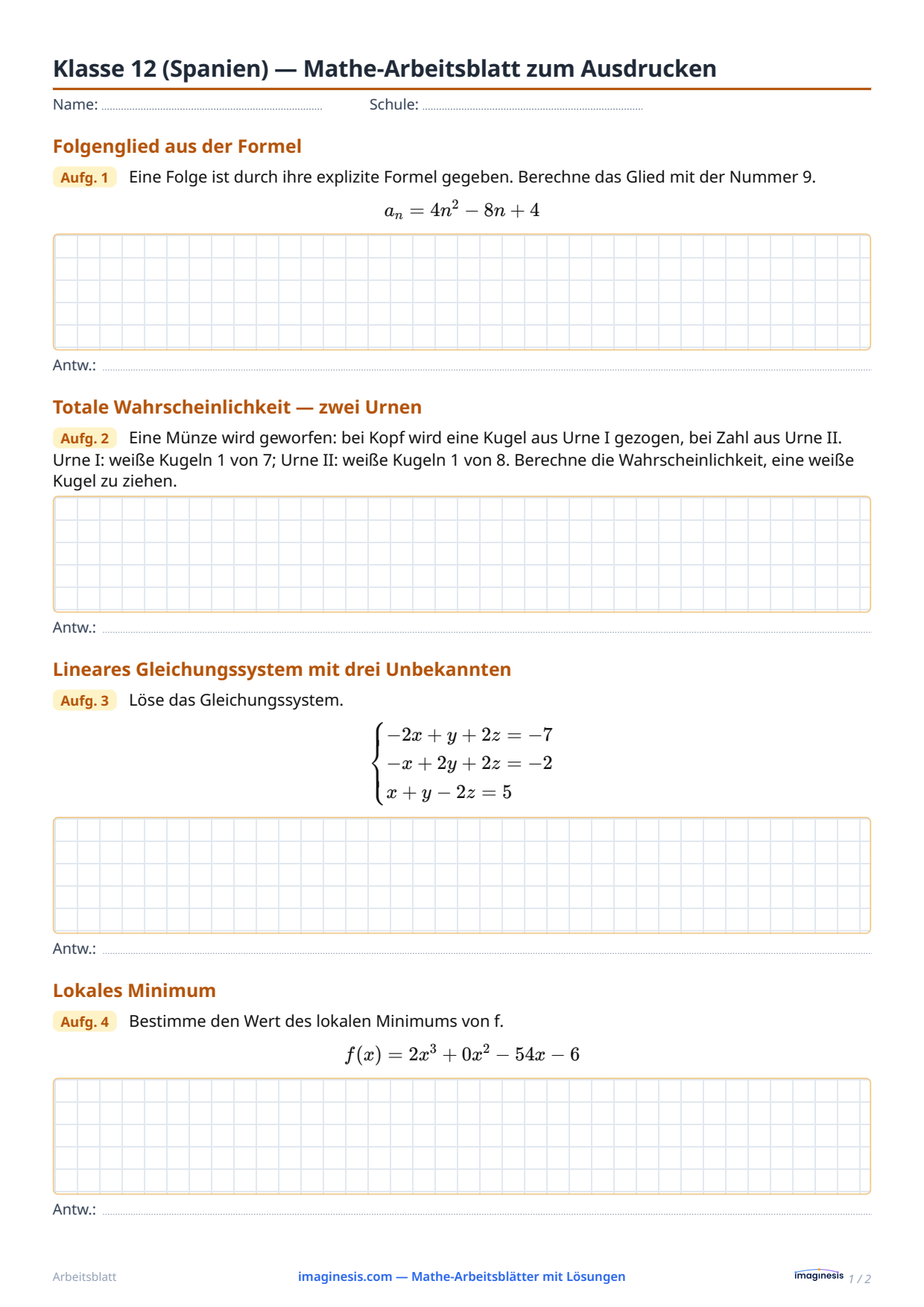 Klasse 12 (Spanien) — Mathe-Arbeitsblatt zum Ausdrucken — Schülerblatt: Mathe-Arbeitsblatt zum Ausdrucken (Klasse 12, Spanien)