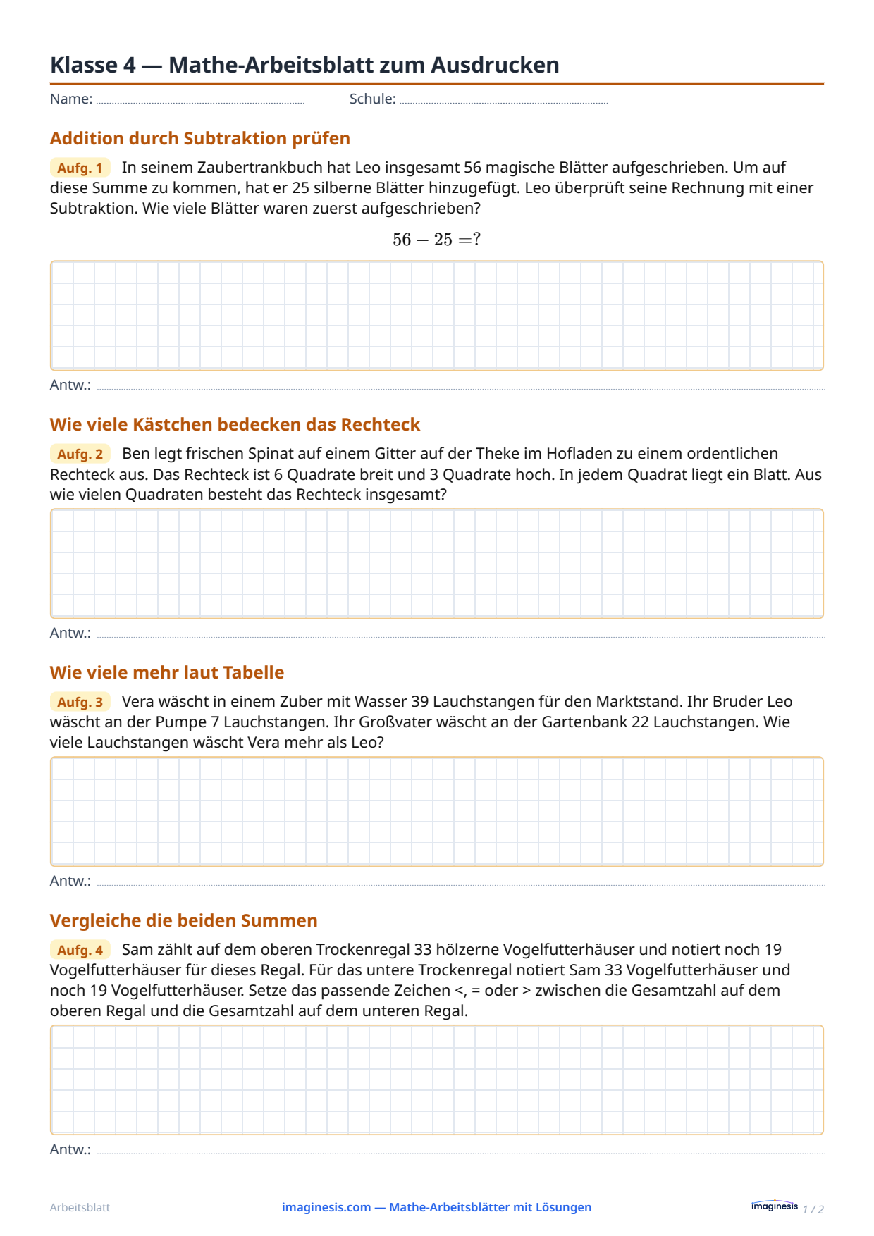 Klasse 4 — Mathe-Arbeitsblatt zum Ausdrucken — Schülerblatt: Mathe-Arbeitsblatt zum Ausdrucken (Klasse 4, Vereinigtes Königreich)