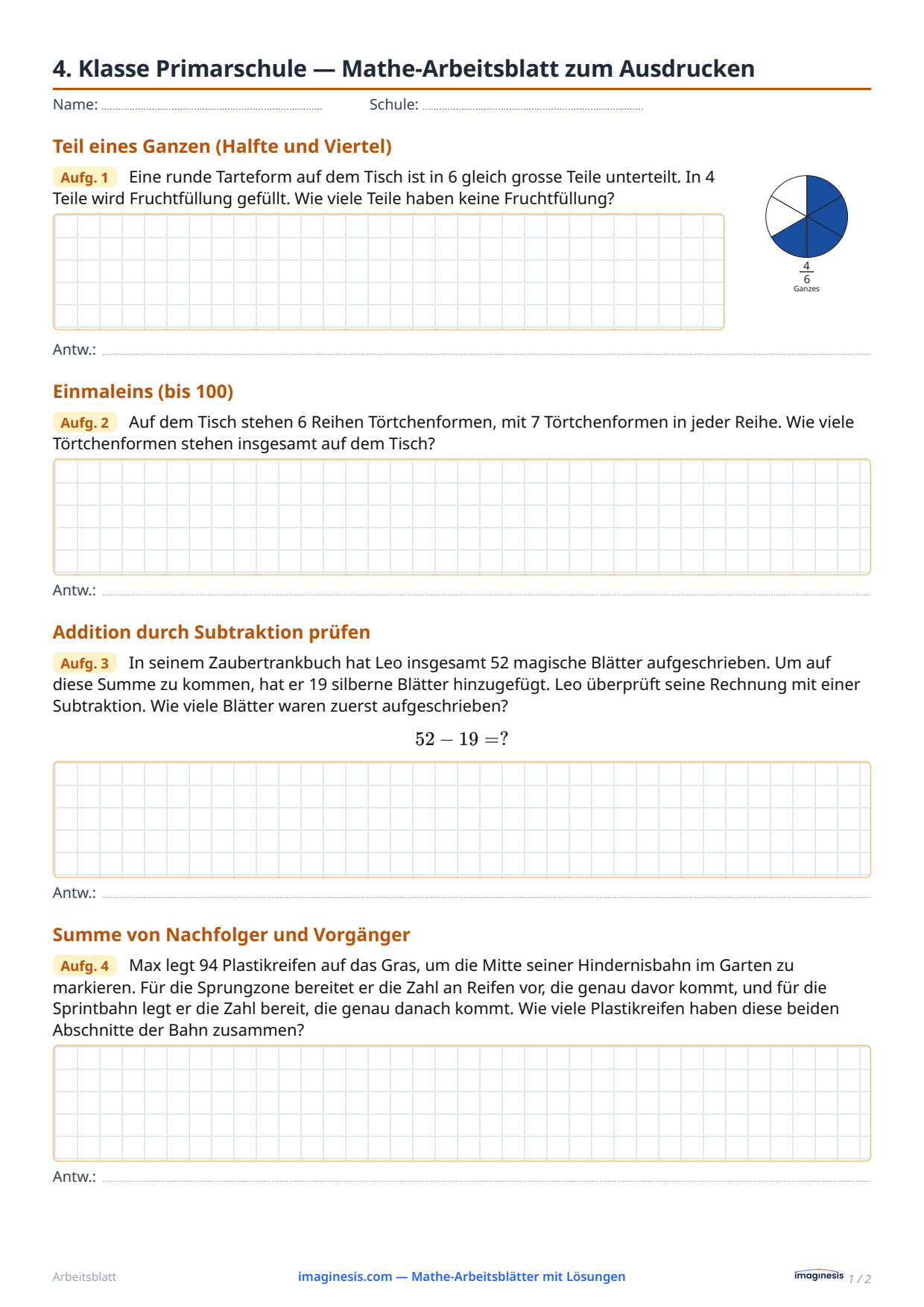 4. Klasse Primarschule — Mathe-Arbeitsblatt zum Ausdrucken — Schülerblatt: Mathe-Arbeitsblatt zum Ausdrucken (4. Klasse Primarschule, Schweiz)