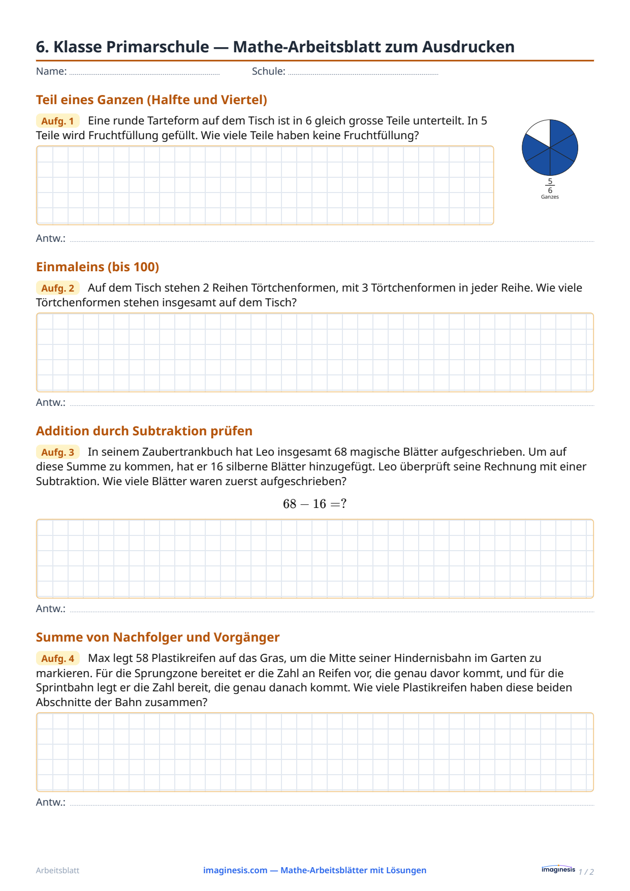 6. Klasse Primarschule — Mathe-Arbeitsblatt zum Ausdrucken — Schülerblatt: Mathe-Arbeitsblatt zum Ausdrucken (6. Klasse Primarschule, Schweiz)