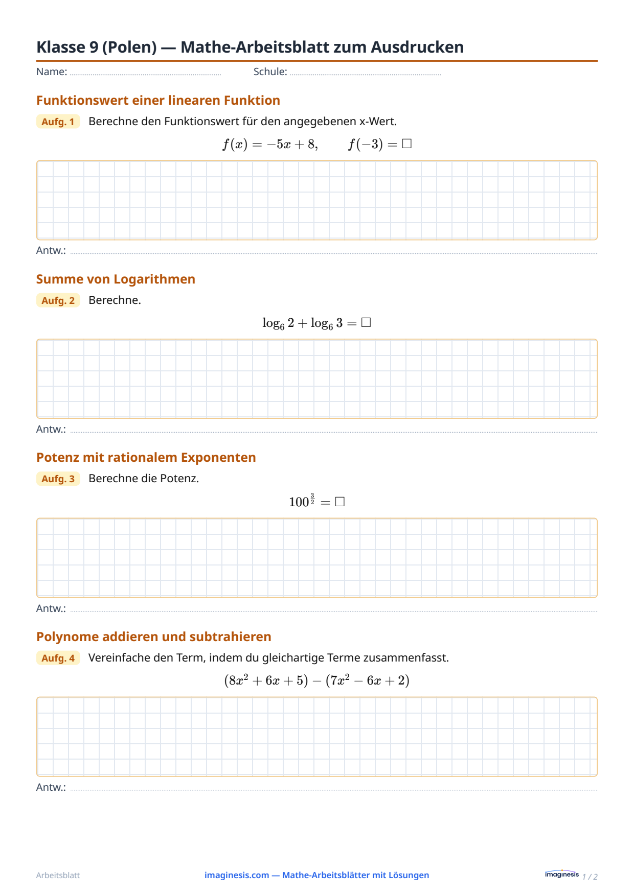 Klasse 1 des Lyzeums (Polen) — Mathe-Arbeitsblatt zum Ausdrucken — Schülerblatt: Mathe-Arbeitsblatt zum Ausdrucken (Klasse 1 des Lyzeums, Polen)