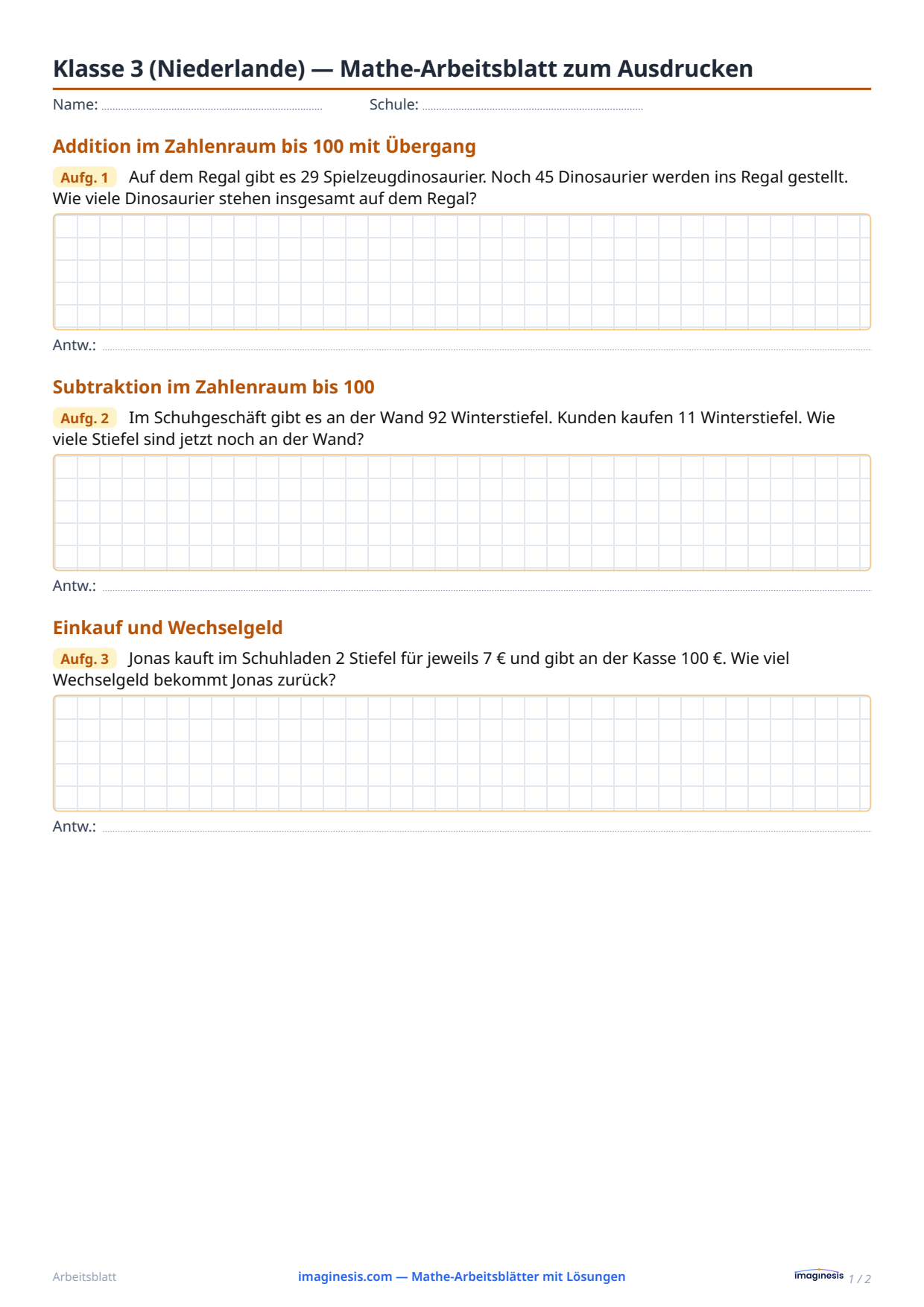Klasse 3 (Niederlande) — Mathe-Arbeitsblatt zum Ausdrucken — Schülerblatt: Mathe-Arbeitsblatt zum Ausdrucken (Klasse 3, Niederlande)