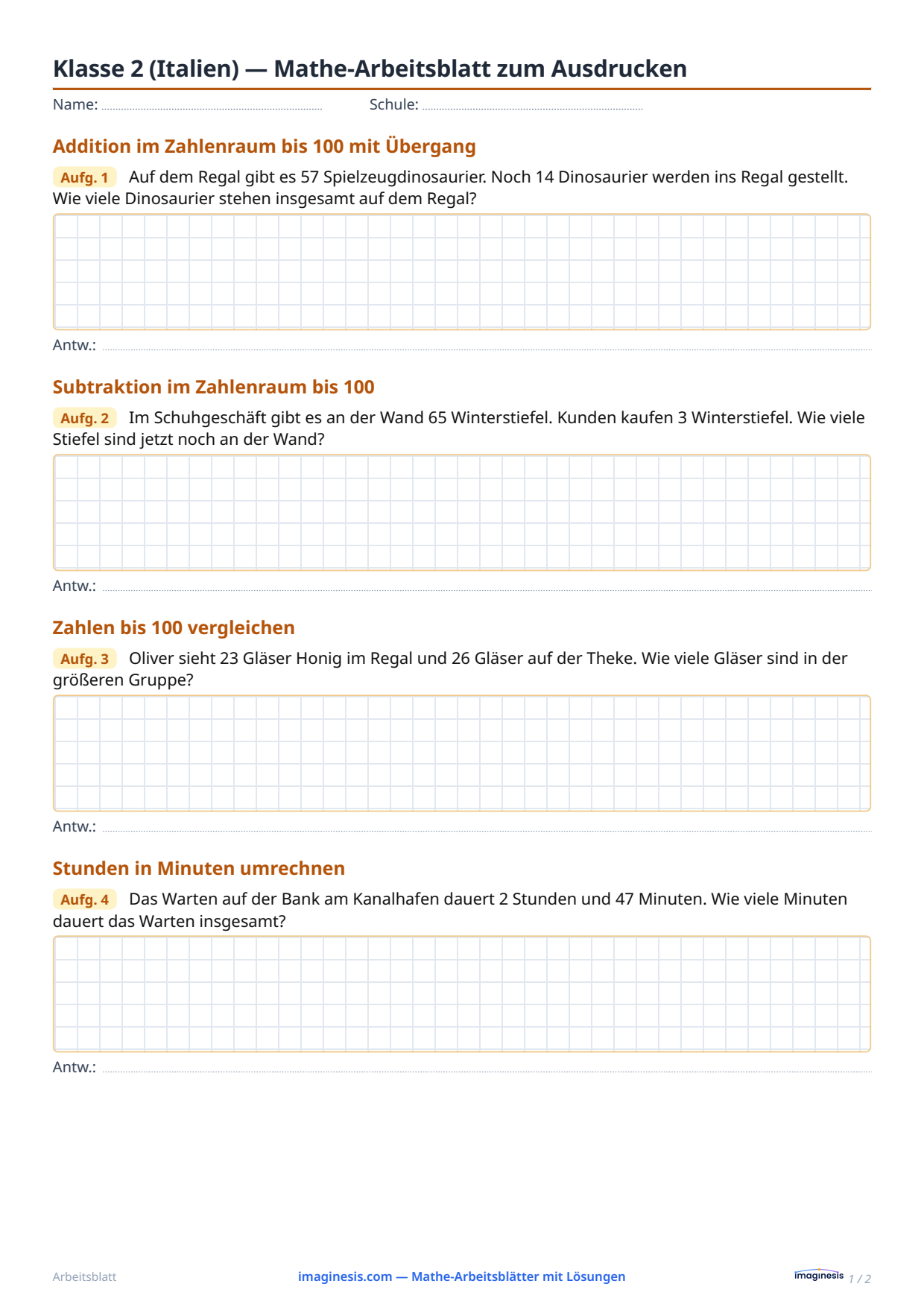 Klasse 2 (Italien) — Mathe-Arbeitsblatt zum Ausdrucken — Schülerblatt: Mathe-Arbeitsblatt zum Ausdrucken (Klasse 2, Italien)
