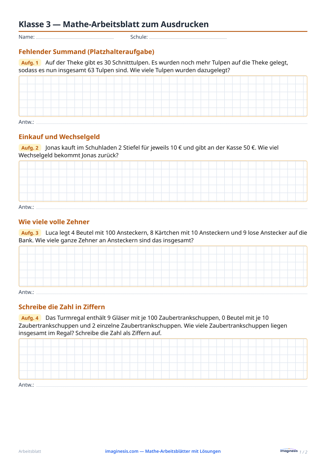 Klasse 3 — Mathe-Arbeitsblatt zum Ausdrucken — Schülerblatt: Mathe-Arbeitsblatt zum Ausdrucken (Klasse 3, Vereinigtes Königreich)