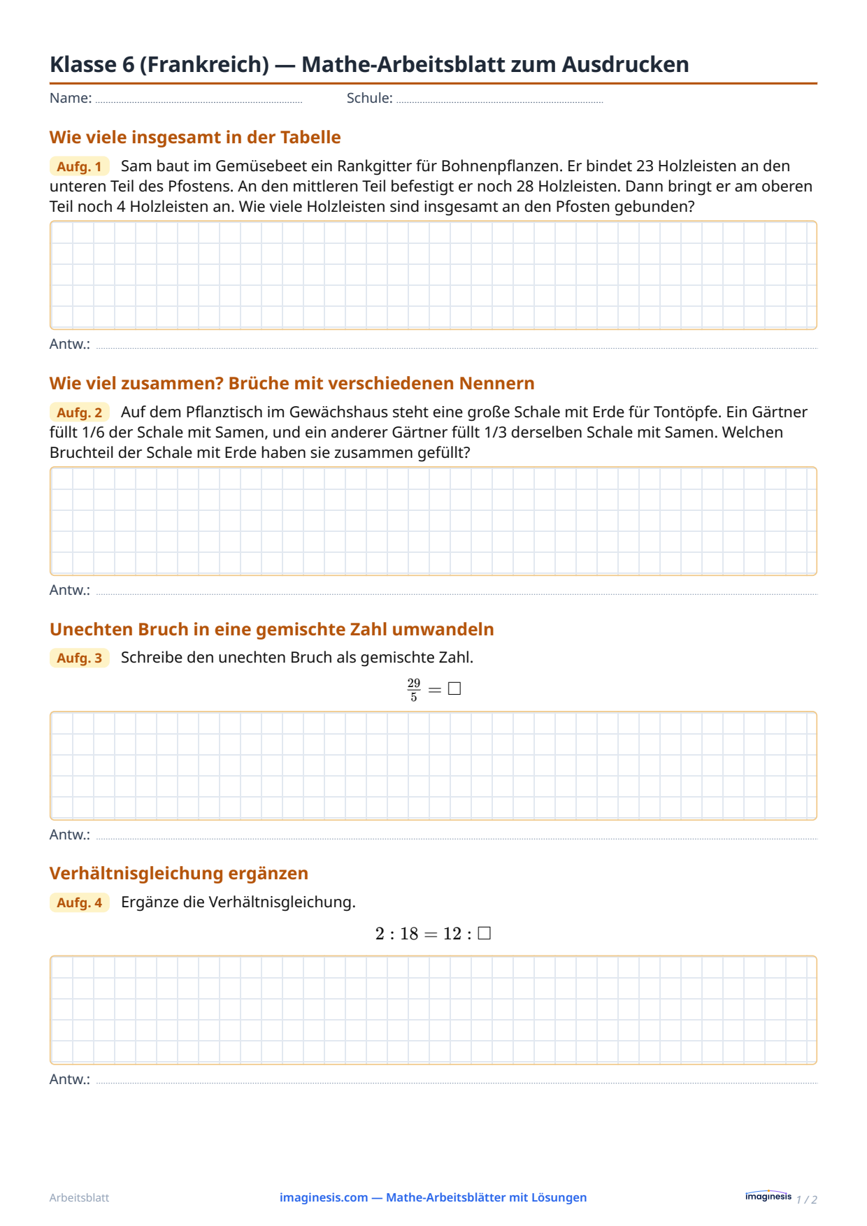 Klasse 6 (Frankreich) — Mathe-Arbeitsblatt zum Ausdrucken — Schülerblatt: Mathe-Arbeitsblatt zum Ausdrucken (Klasse 6, Frankreich)