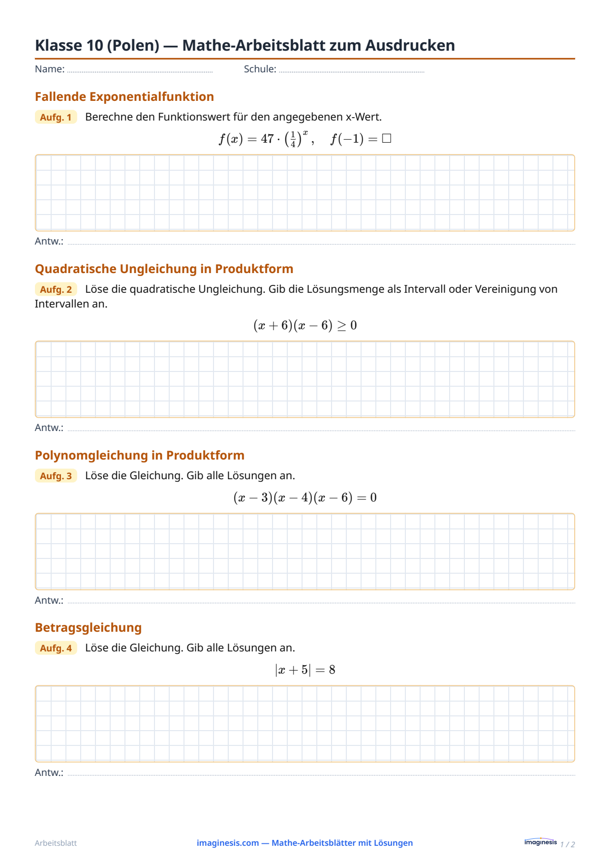 Klasse 2 des Lyzeums (Polen) — Mathe-Arbeitsblatt zum Ausdrucken — Schülerblatt: Mathe-Arbeitsblatt zum Ausdrucken (Klasse 2 des Lyzeums, Polen)