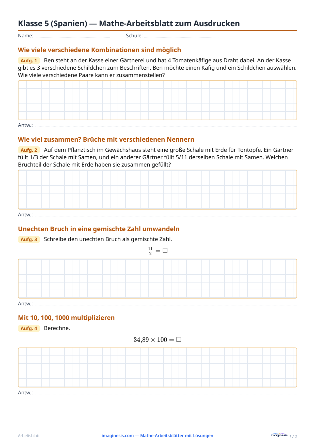 Klasse 5 (Spanien) — Mathe-Arbeitsblatt zum Ausdrucken — Schülerblatt: Mathe-Arbeitsblatt zum Ausdrucken (Klasse 5, Spanien)