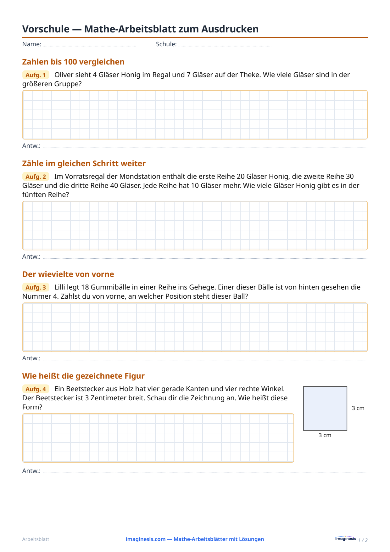 Vorschule — Mathe-Arbeitsblatt zum Ausdrucken — Schülerblatt: Mathe-Arbeitsblatt zum Ausdrucken (Vorschule, Vereinigte Staaten)
