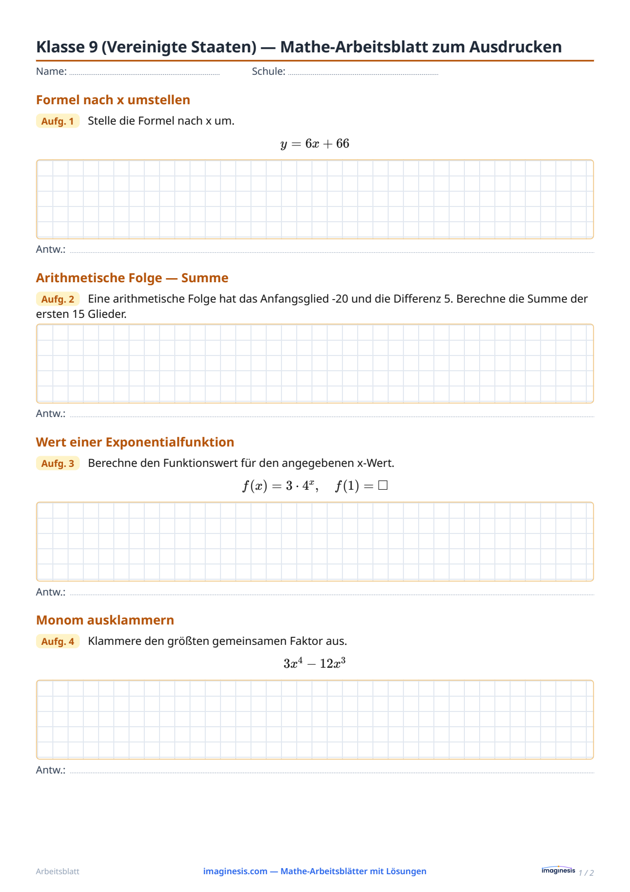 Klasse 9 (Vereinigte Staaten) — Mathe-Arbeitsblatt zum Ausdrucken — Schülerblatt: Mathe-Arbeitsblatt zum Ausdrucken (Klasse 9, Vereinigte Staaten)