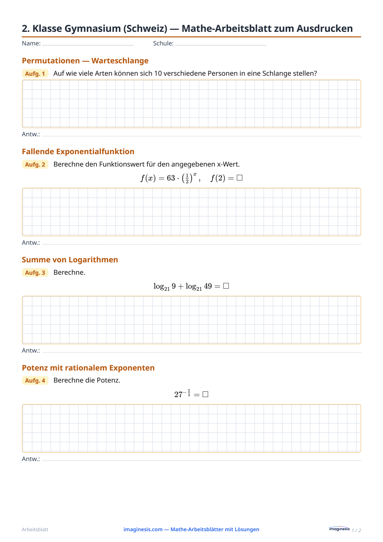 2. Klasse Gymnasium (Schweiz) — Mathe-Arbeitsblatt zum Ausdrucken — Schülerblatt: Mathe-Arbeitsblatt zum Ausdrucken (2. Klasse Gymnasium, Schweiz)