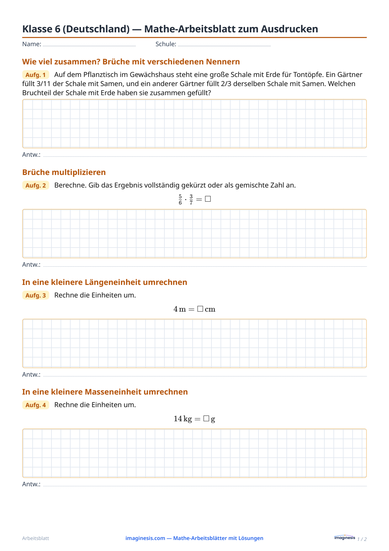 Klasse 6 (Deutschland) — Mathe-Arbeitsblatt zum Ausdrucken — Schülerblatt: Mathe-Arbeitsblatt zum Ausdrucken (Klasse 6, Deutschland)