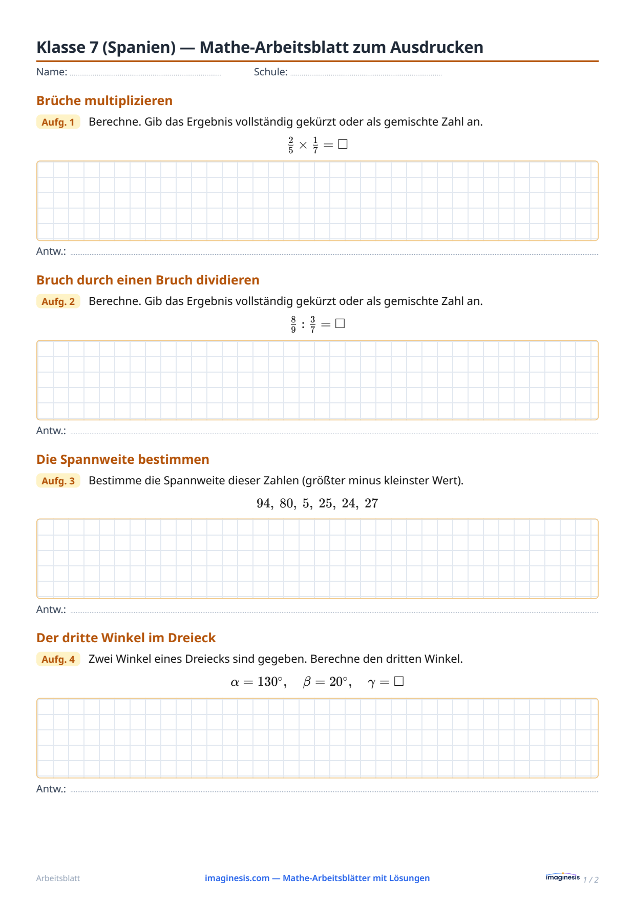 Klasse 7 (Spanien) — Mathe-Arbeitsblatt zum Ausdrucken — Schülerblatt: Mathe-Arbeitsblatt zum Ausdrucken (Klasse 7, Spanien)