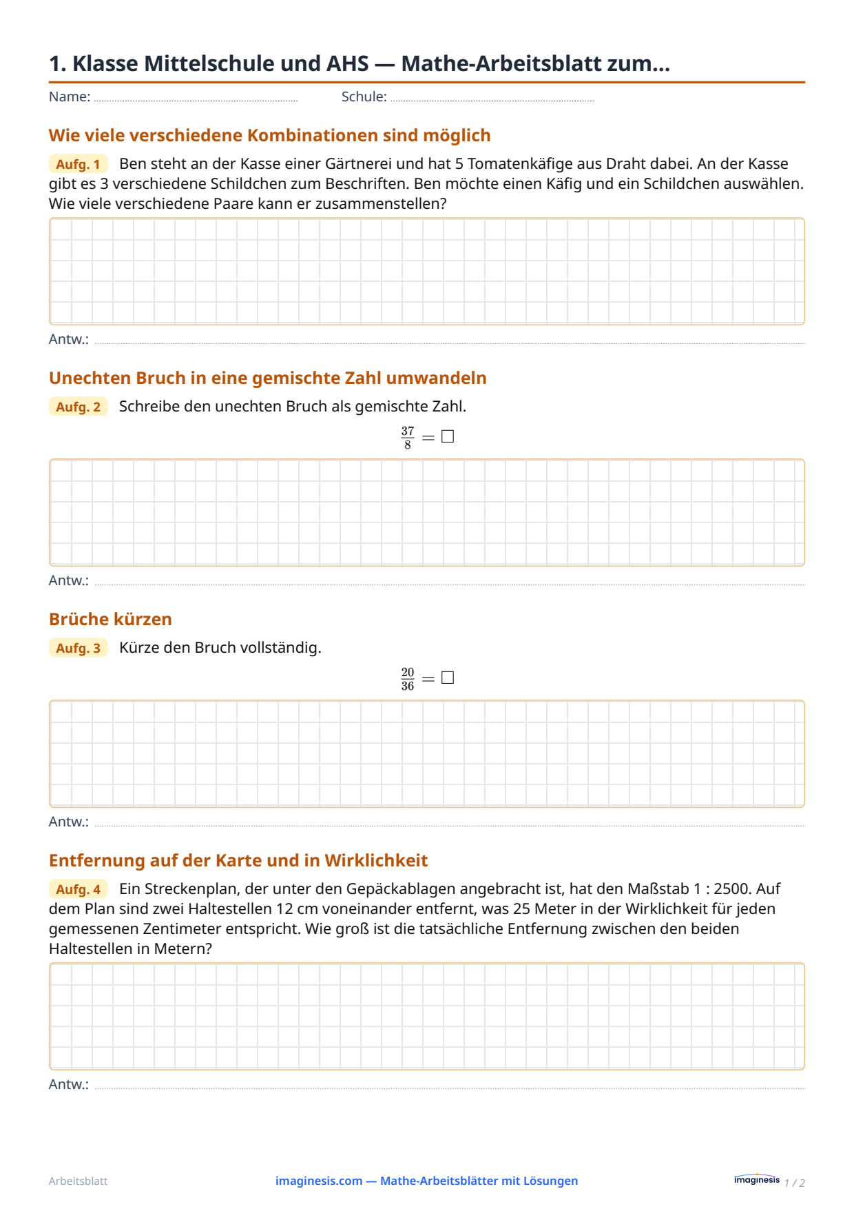 1. Klasse Mittelschule und AHS — Mathe-Arbeitsblatt zum… — Schülerblatt: Mathe-Arbeitsblatt zum Ausdrucken (1. Klasse Mittelschule und AHS, Österreich)