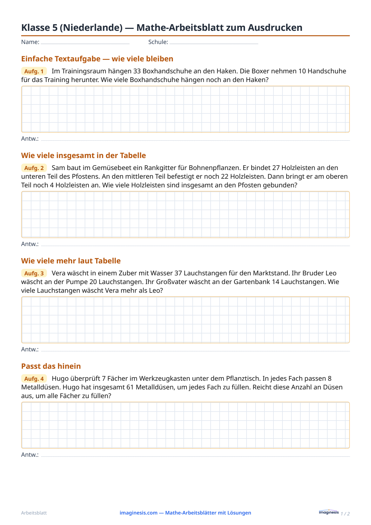 Klasse 5 (Niederlande) — Mathe-Arbeitsblatt zum Ausdrucken — Schülerblatt: Mathe-Arbeitsblatt zum Ausdrucken (Klasse 5, Niederlande)