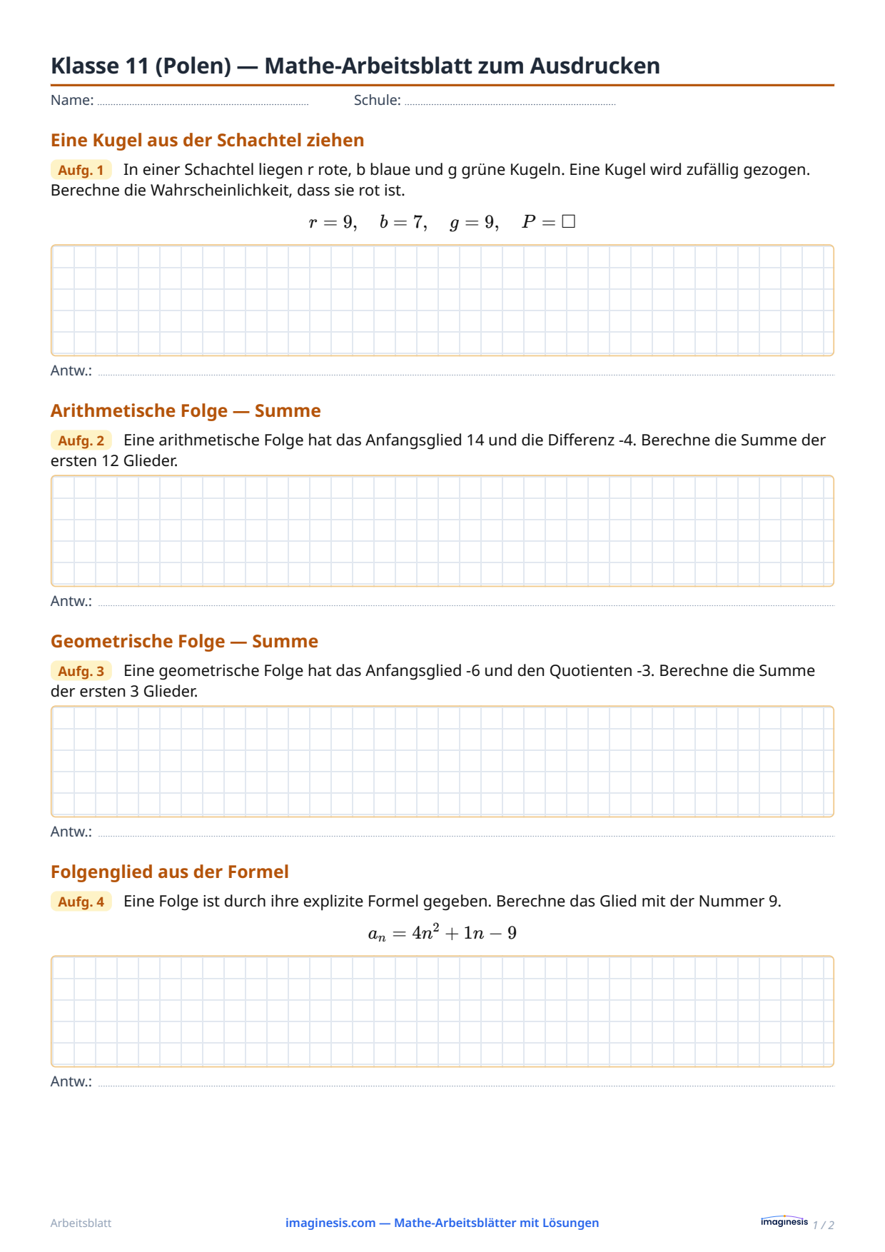 Klasse 3 des Lyzeums (Polen) — Mathe-Arbeitsblatt zum Ausdrucken — Schülerblatt: Mathe-Arbeitsblatt zum Ausdrucken (Klasse 3 des Lyzeums, Polen)
