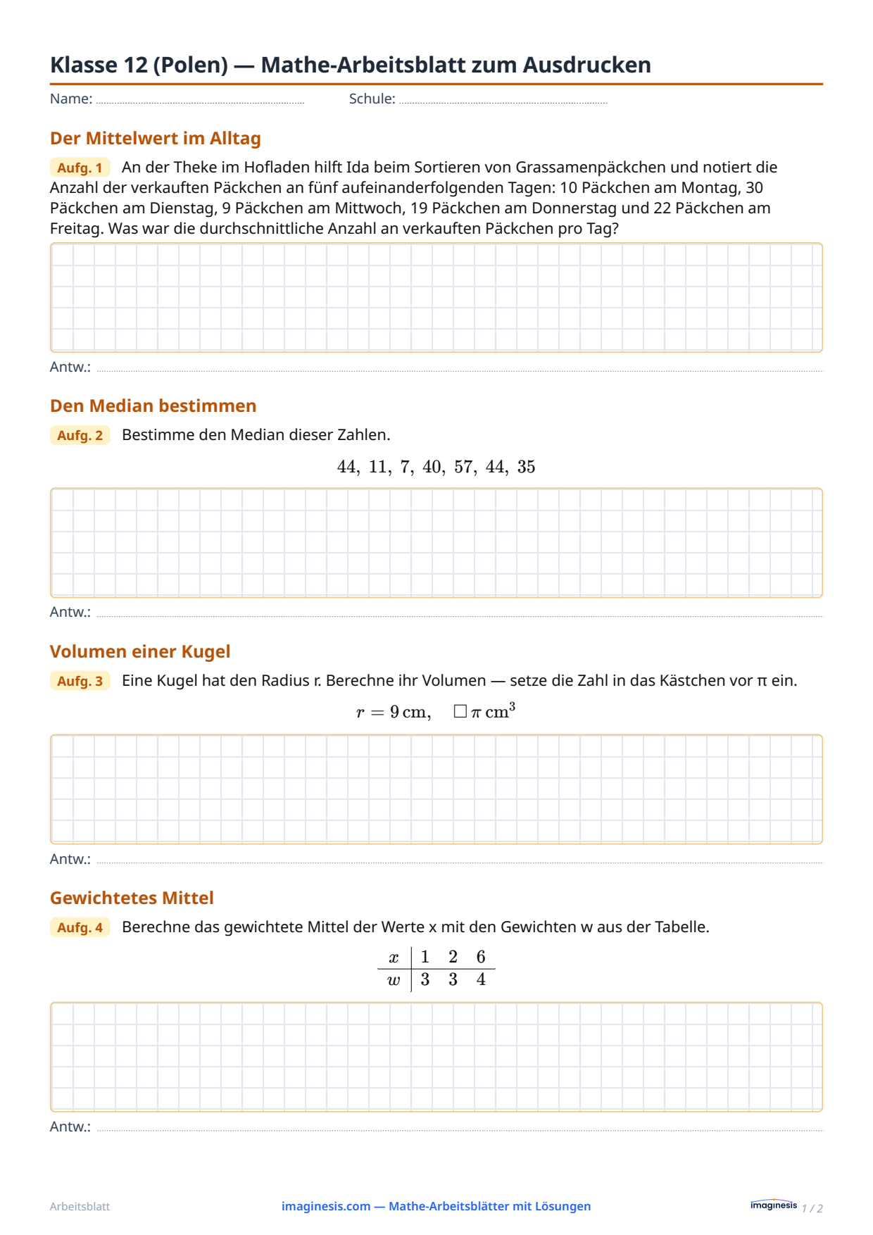 Klasse 4 des Lyzeums (Polen) — Mathe-Arbeitsblatt zum Ausdrucken — Schülerblatt: Mathe-Arbeitsblatt zum Ausdrucken (Klasse 4 des Lyzeums, Polen)