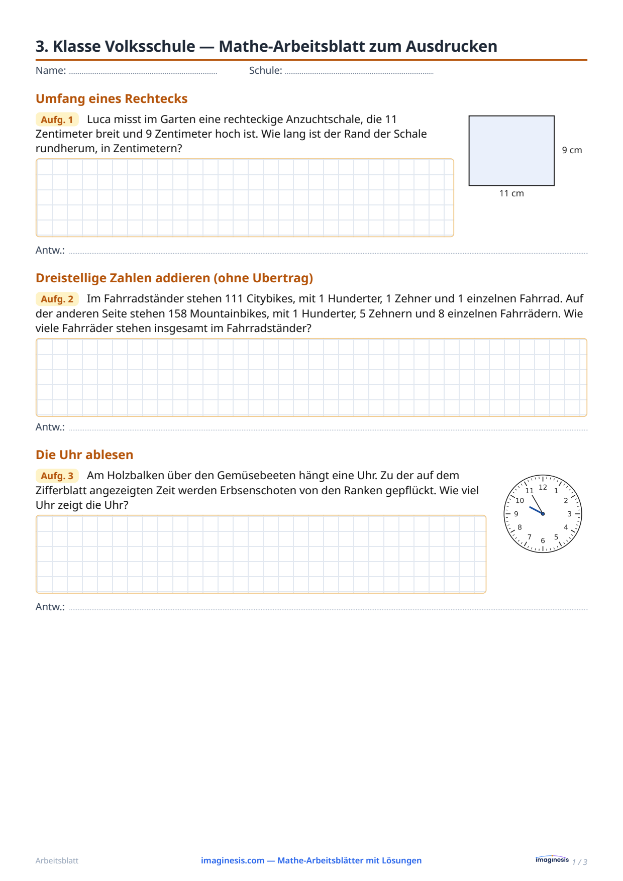 3. Klasse Volksschule — Mathe-Arbeitsblatt zum Ausdrucken — Schülerblatt: Mathe-Arbeitsblatt zum Ausdrucken (3. Klasse Volksschule, Österreich)