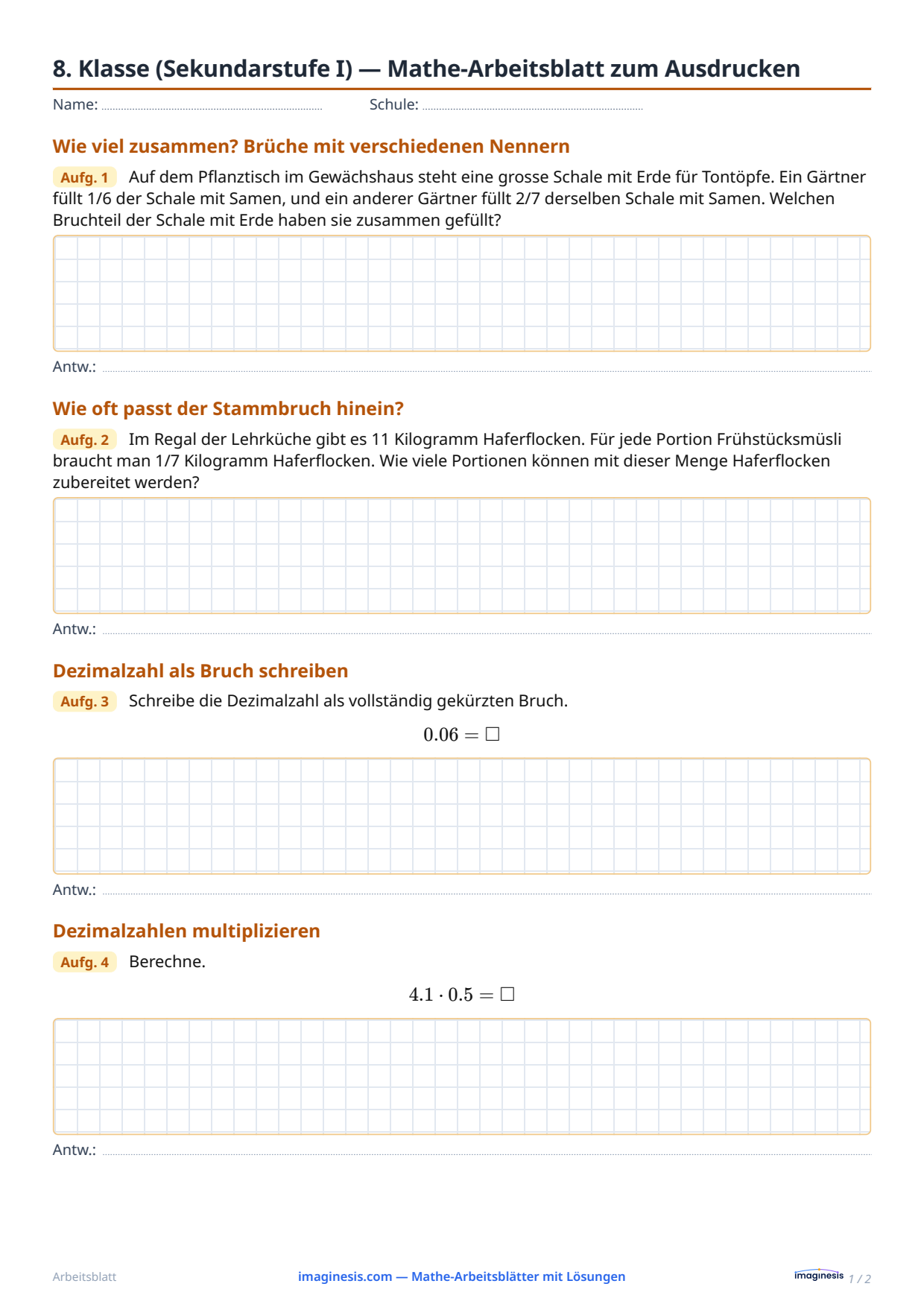 8. Klasse (Sekundarstufe I) — Mathe-Arbeitsblatt zum Ausdrucken — Schülerblatt: Mathe-Arbeitsblatt zum Ausdrucken (8. Klasse (Sekundarstufe I), Schweiz)