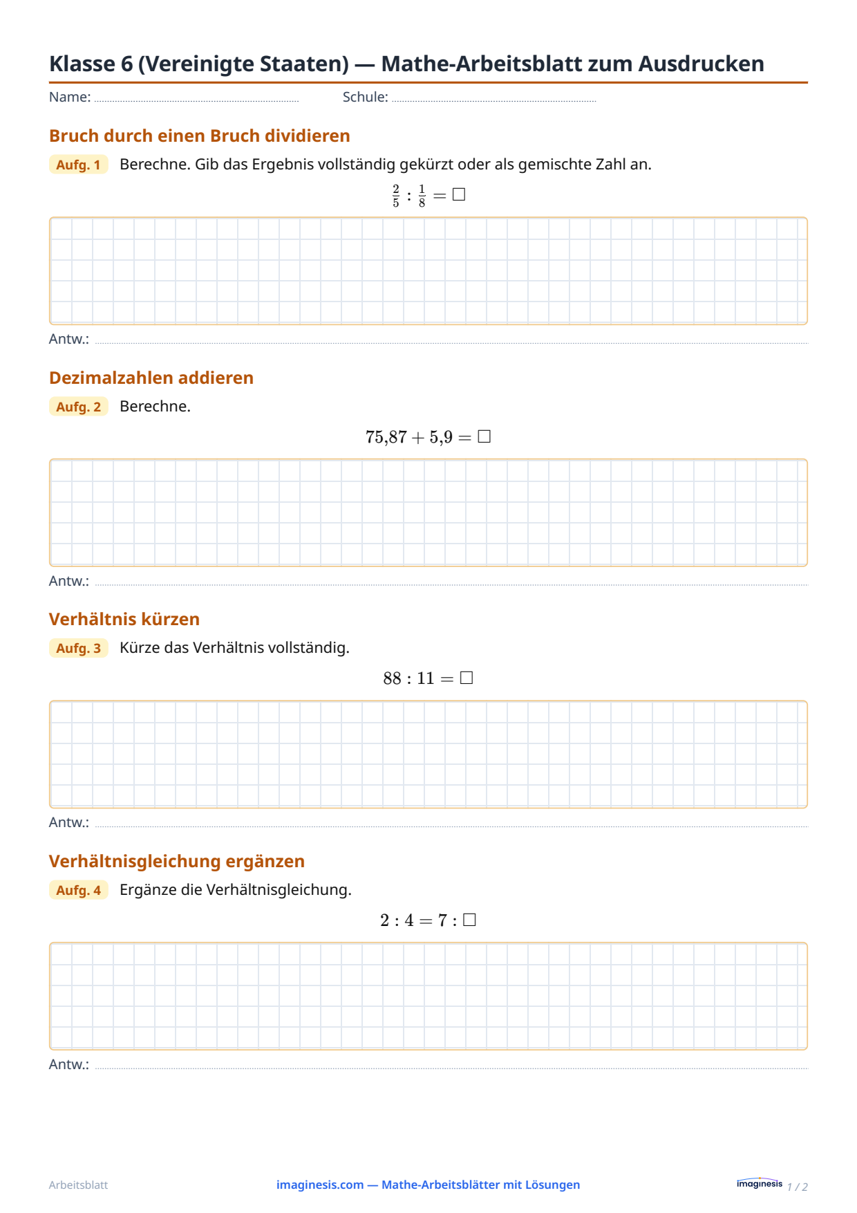 Klasse 6 (Vereinigte Staaten) — Mathe-Arbeitsblatt zum Ausdrucken — Schülerblatt: Mathe-Arbeitsblatt zum Ausdrucken (Klasse 6, Vereinigte Staaten)